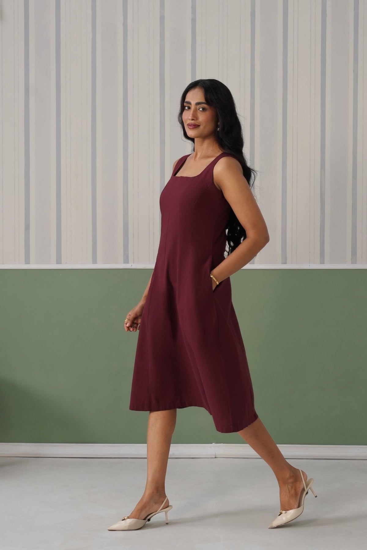 Wine cotton midi dress with pocket [100% pure cotton] -Cotton pocket midi dress