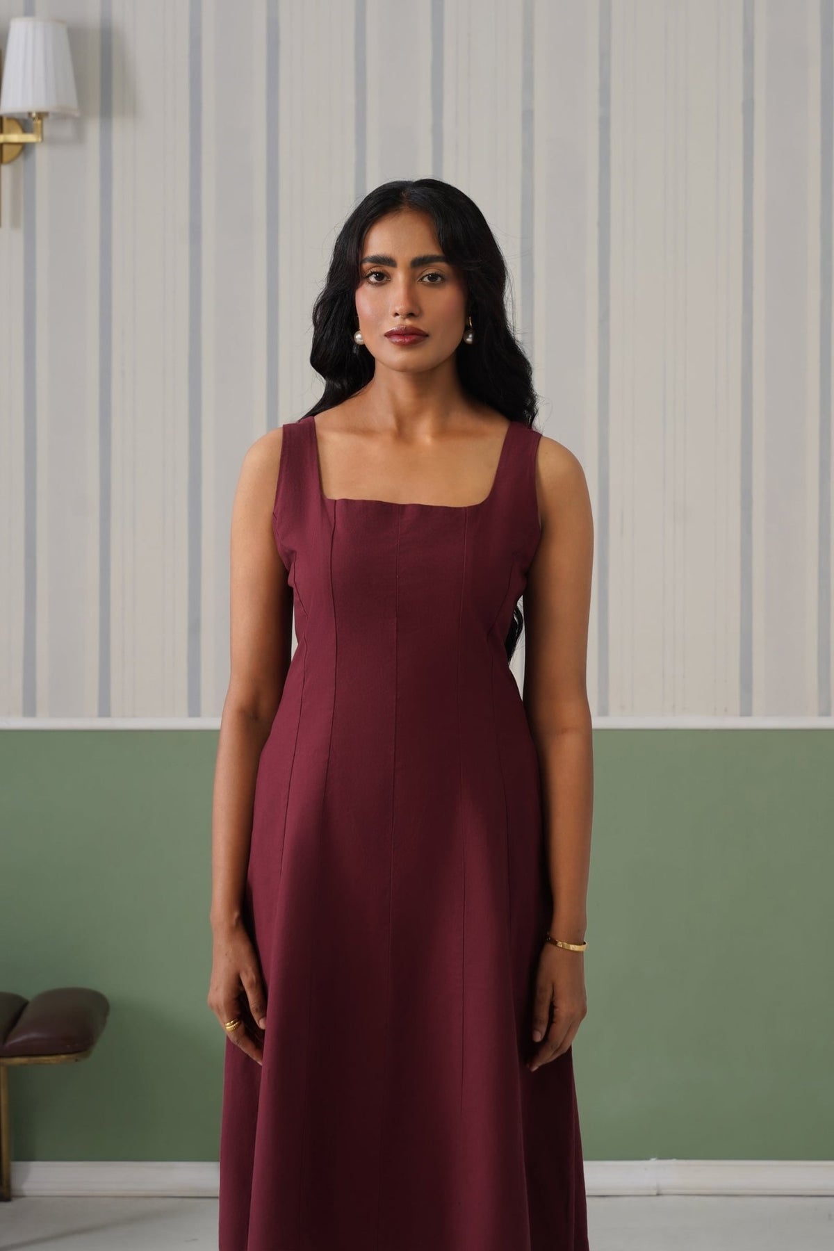 Wine cotton midi dress with pocket [100% pure cotton] -Cotton pocket midi dress