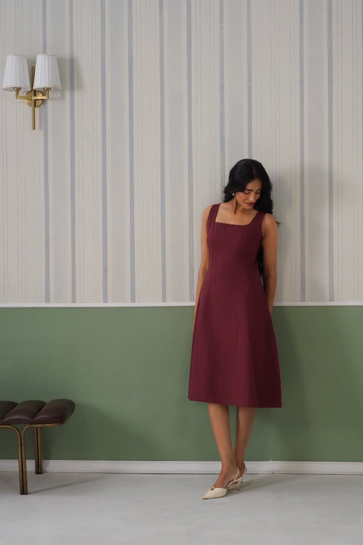 Wine cotton midi dress with pocket [100% pure cotton] -Cotton pocket midi dress
