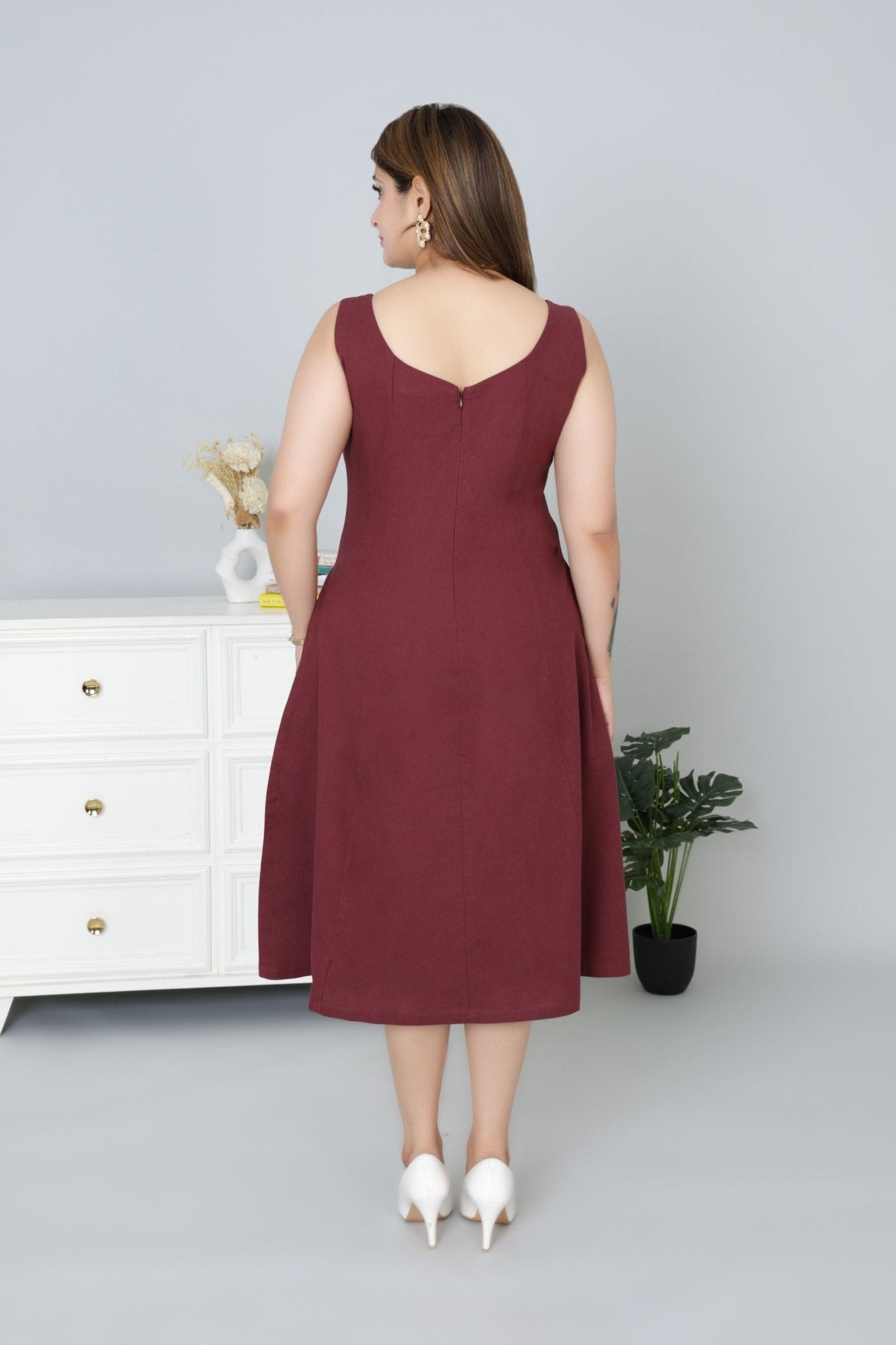 Wine cotton midi dress with pocket [100% pure cotton] - Cotton pocket midi dress