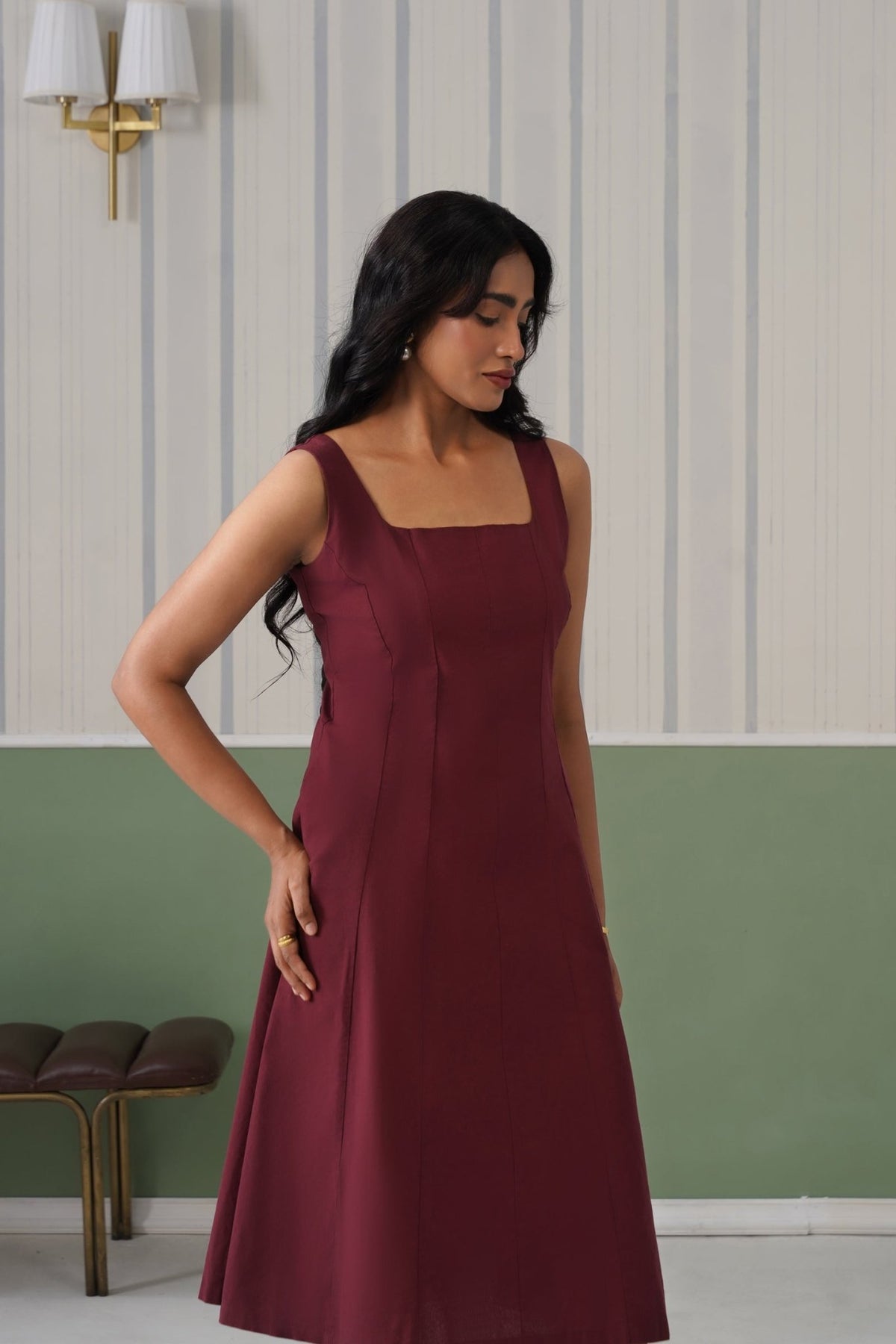 Wine cotton midi dress with pocket [100% pure cotton] -Cotton pocket midi dress