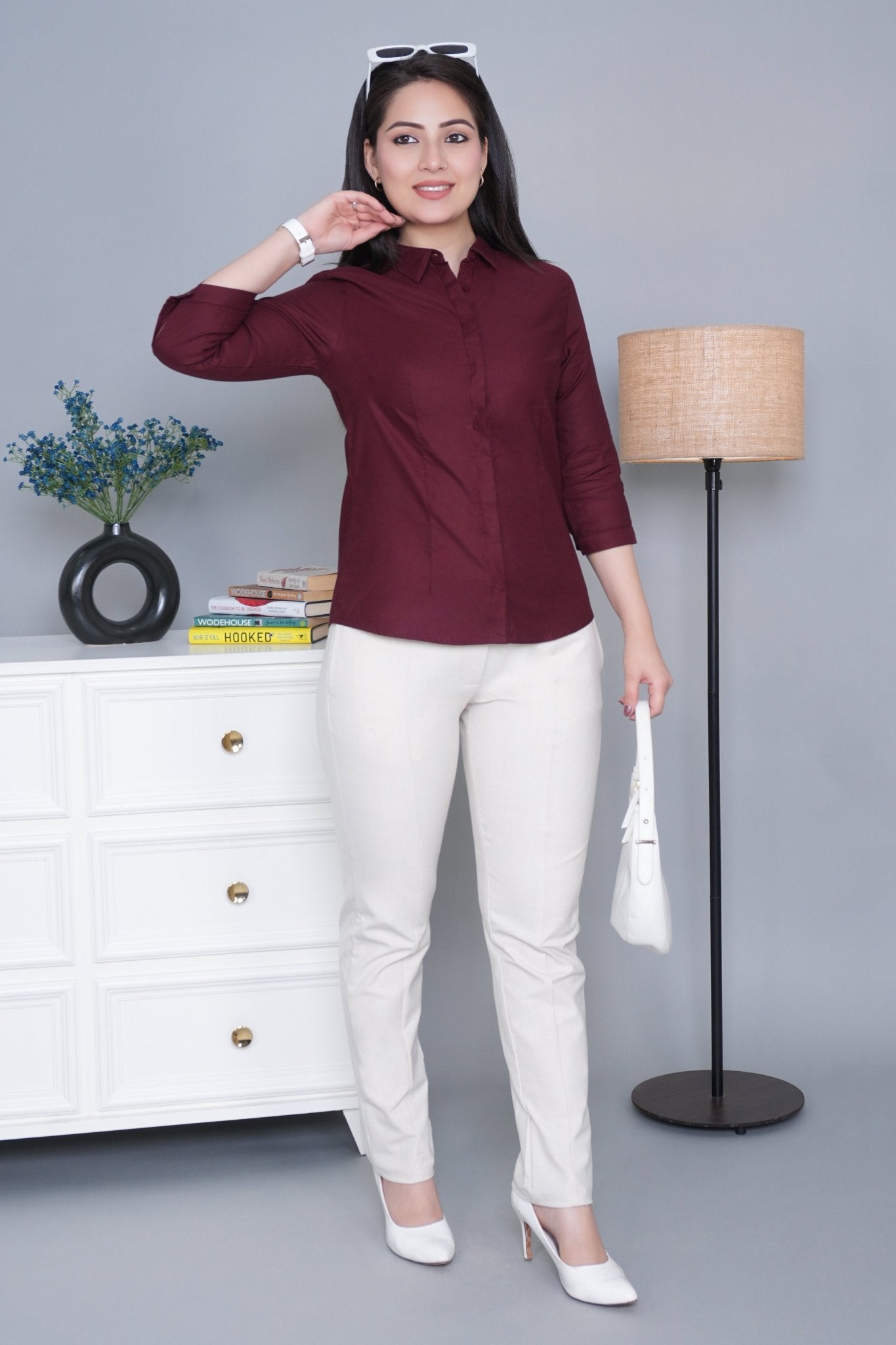 Wine cotton office placket shirt - Cotton office placket shirt