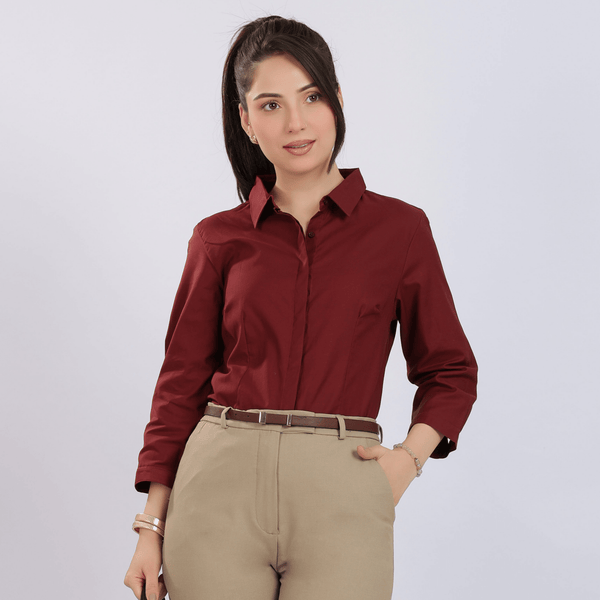 Wine cotton office placket shirt -Cotton office placket shirt