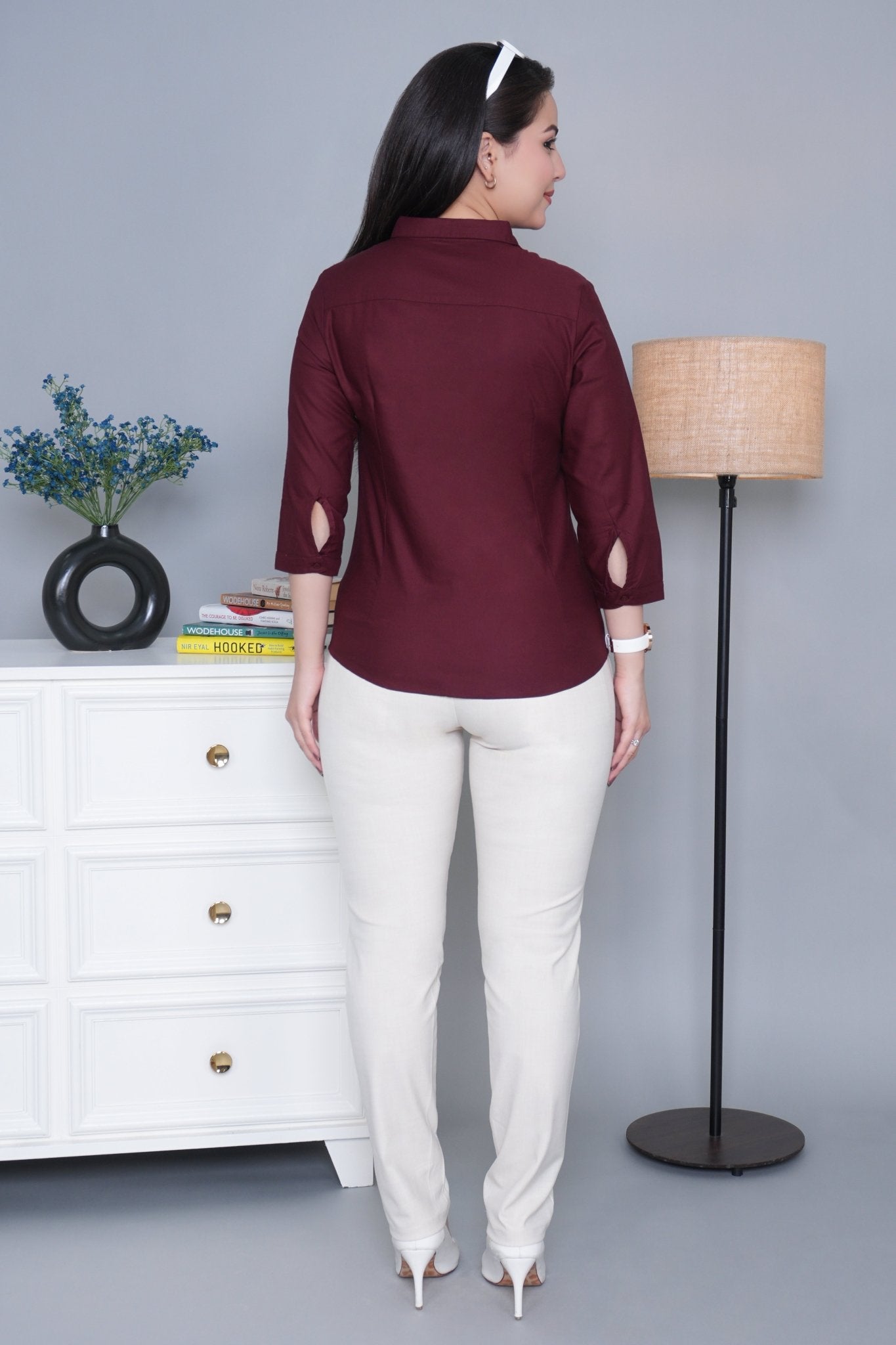 Wine cotton office placket shirt - Cotton office placket shirt