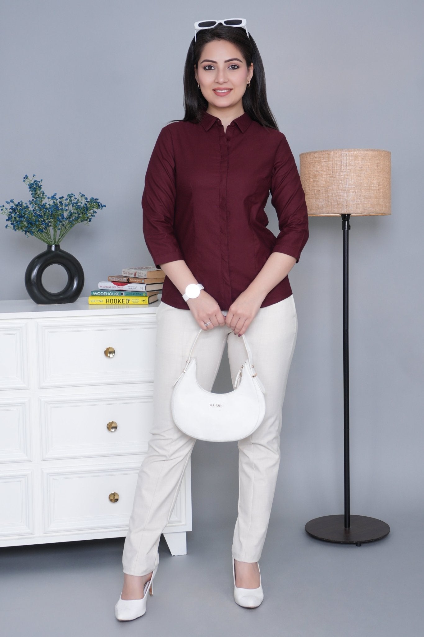Wine cotton office placket shirt - Cotton office placket shirt