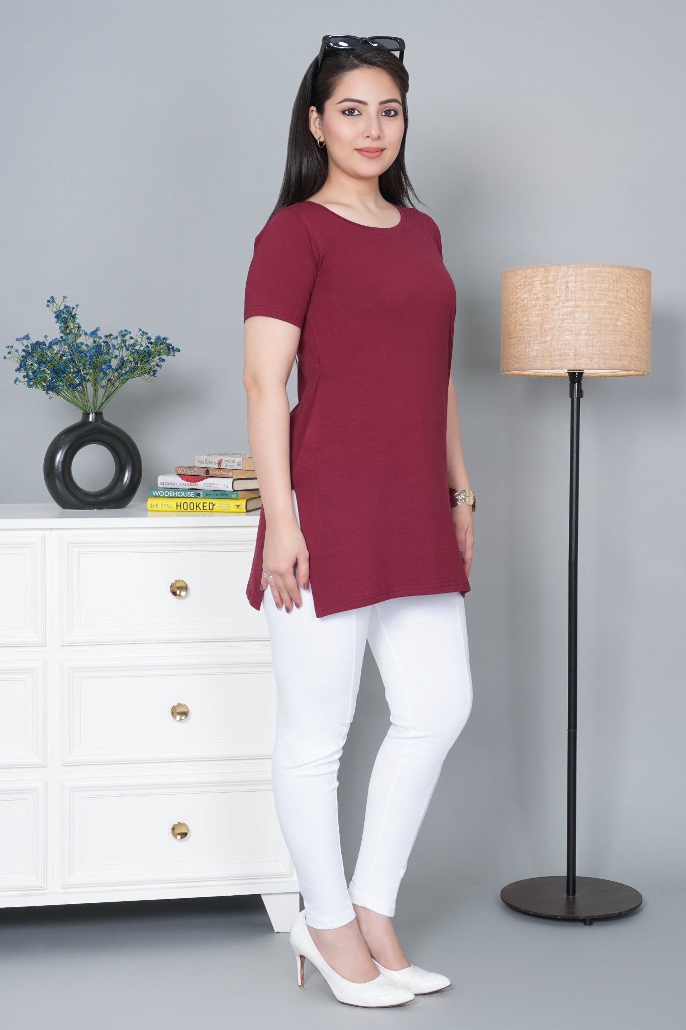 Wine long round neck cotton lycra t-shirt with pockets - Long cotton t-shirt