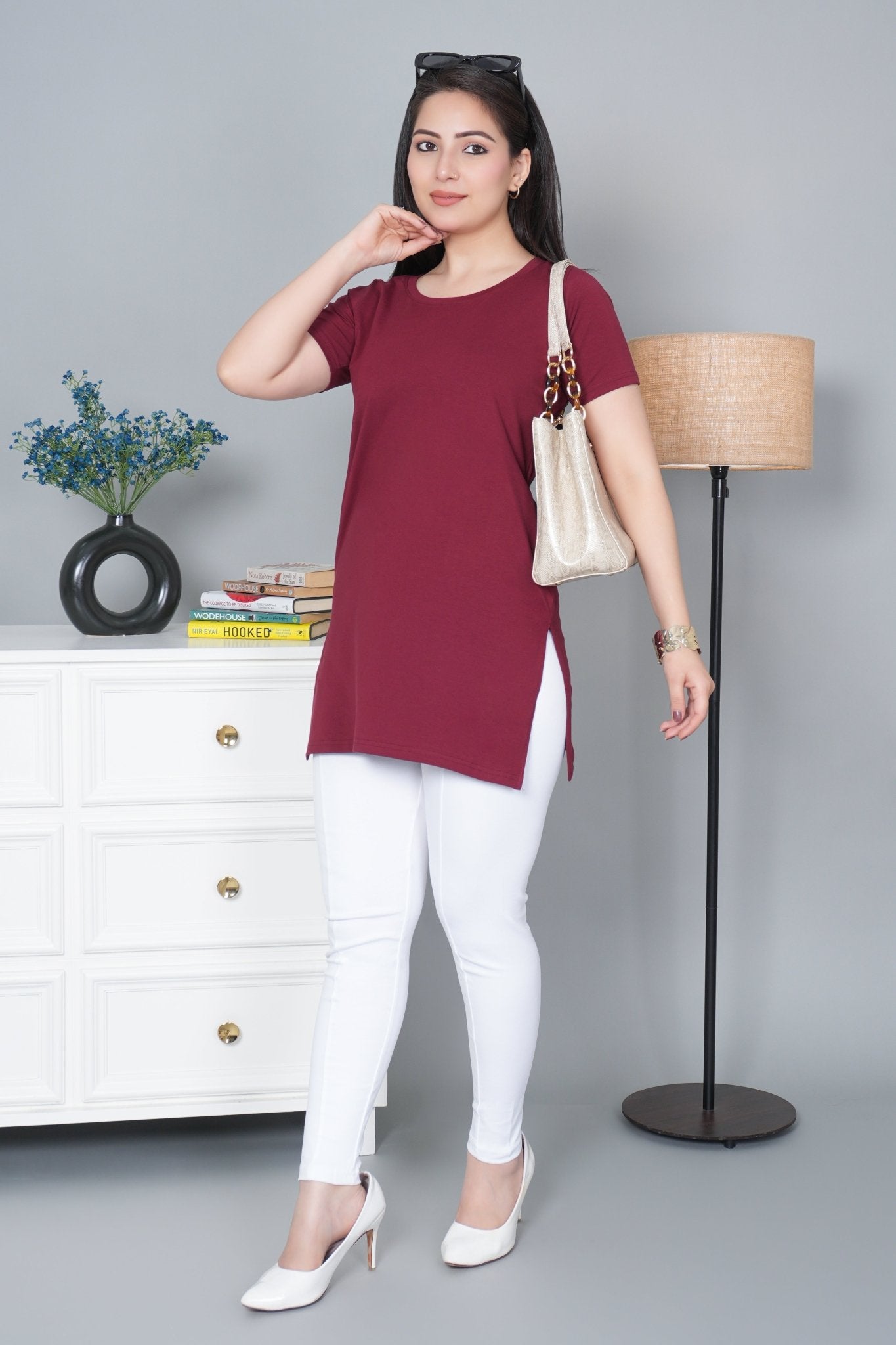 Wine long round neck cotton lycra t-shirt with pockets - Long cotton t-shirt