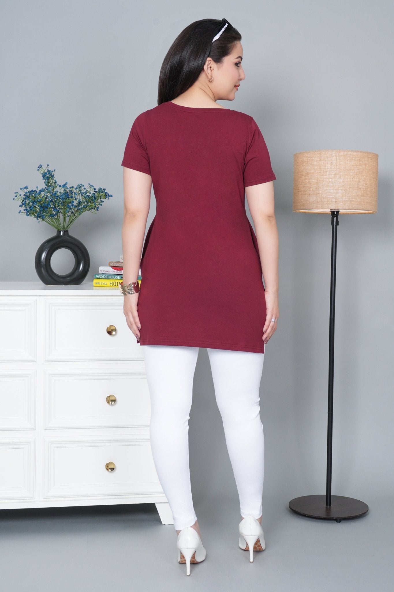Wine long round neck cotton lycra t-shirt with pockets - Long cotton t-shirt