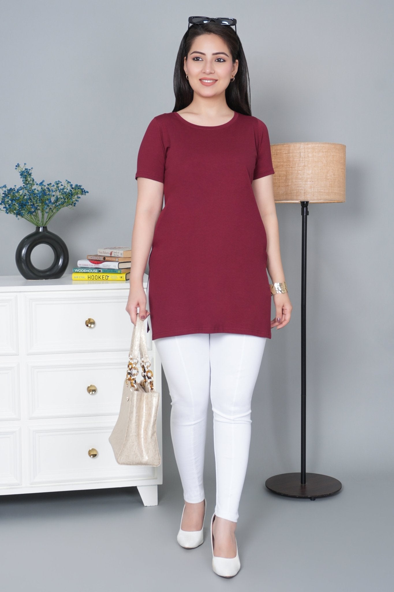 Wine long round neck cotton lycra t-shirt with pockets - Long cotton t-shirt
