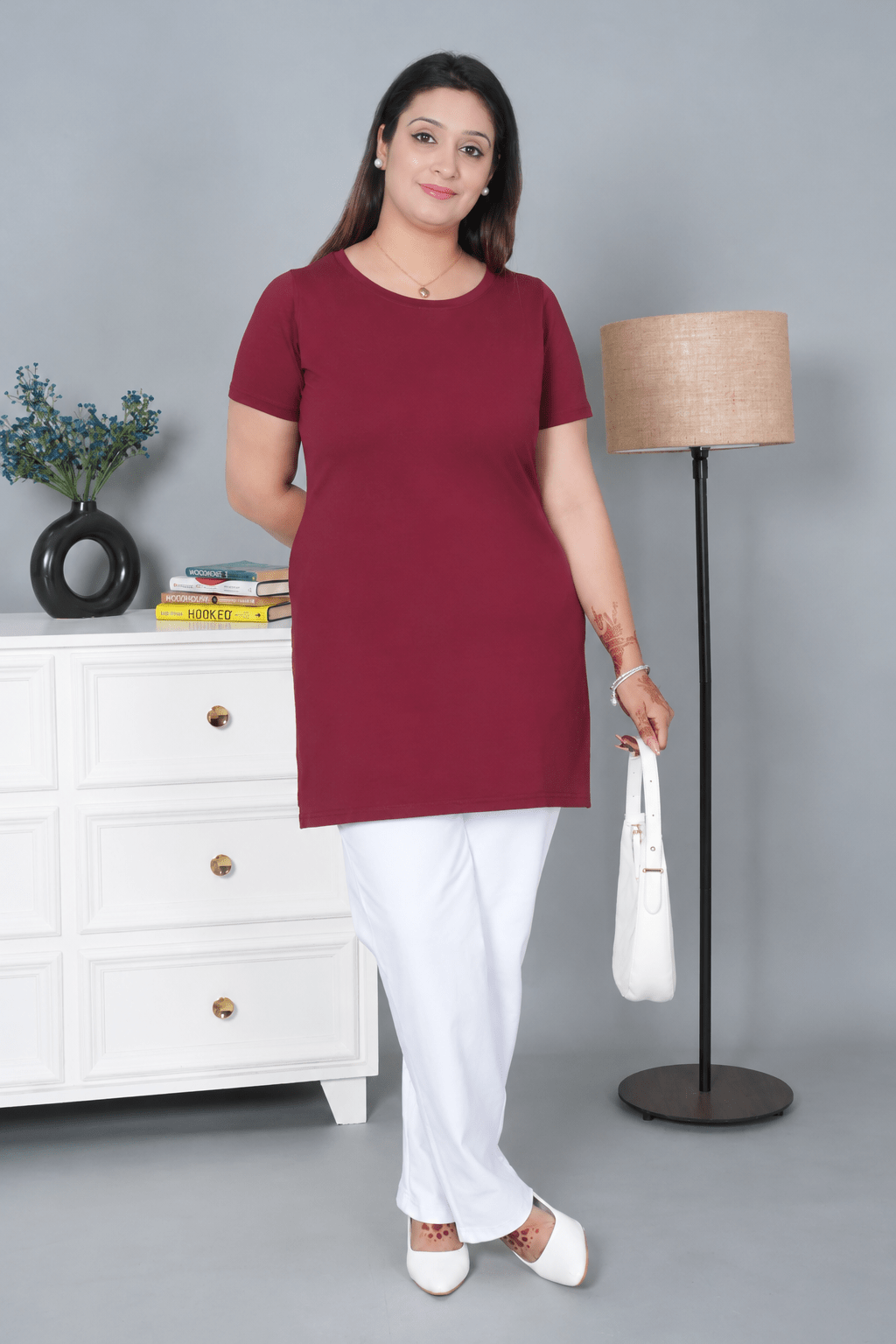 Wine long round neck cotton lycra t-shirt with pockets -Long cotton t-shirt