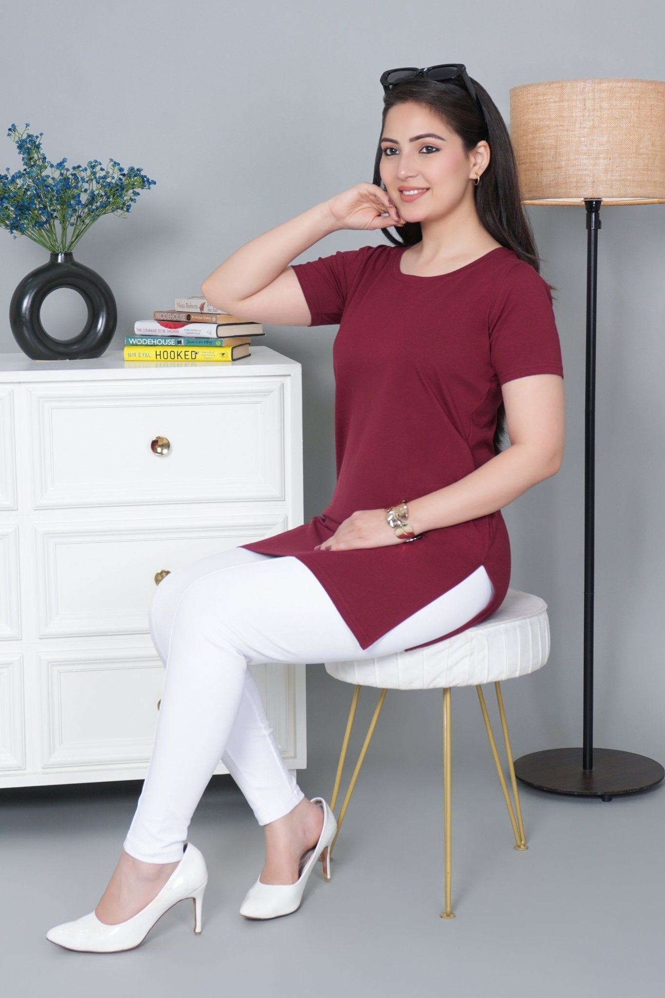 Wine long round neck cotton lycra t-shirt with pockets - Long cotton t-shirt