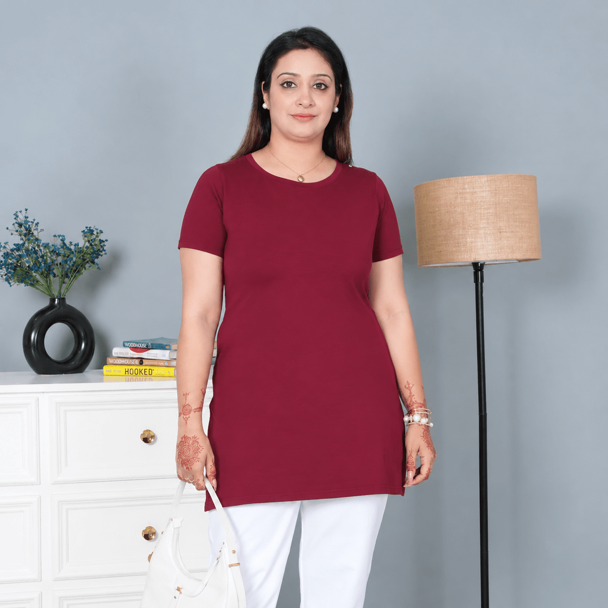 Wine long round neck cotton lycra t-shirt with pockets -Long cotton t-shirt