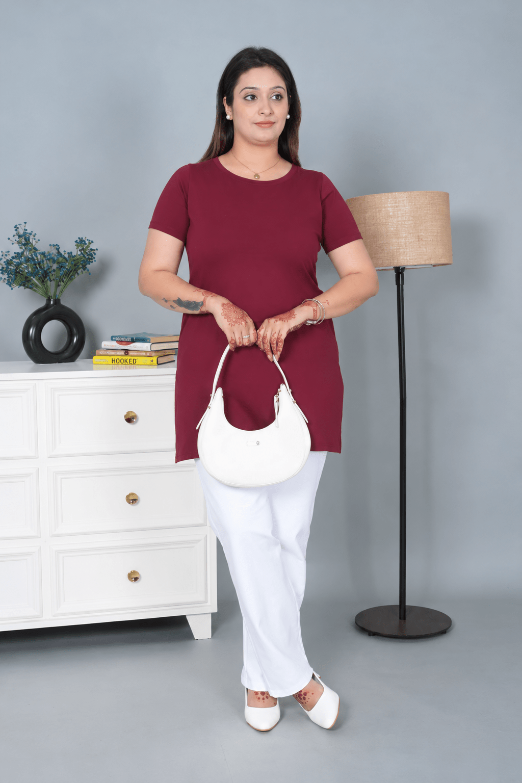 Wine long round neck cotton lycra t-shirt with pockets -Long cotton t-shirt