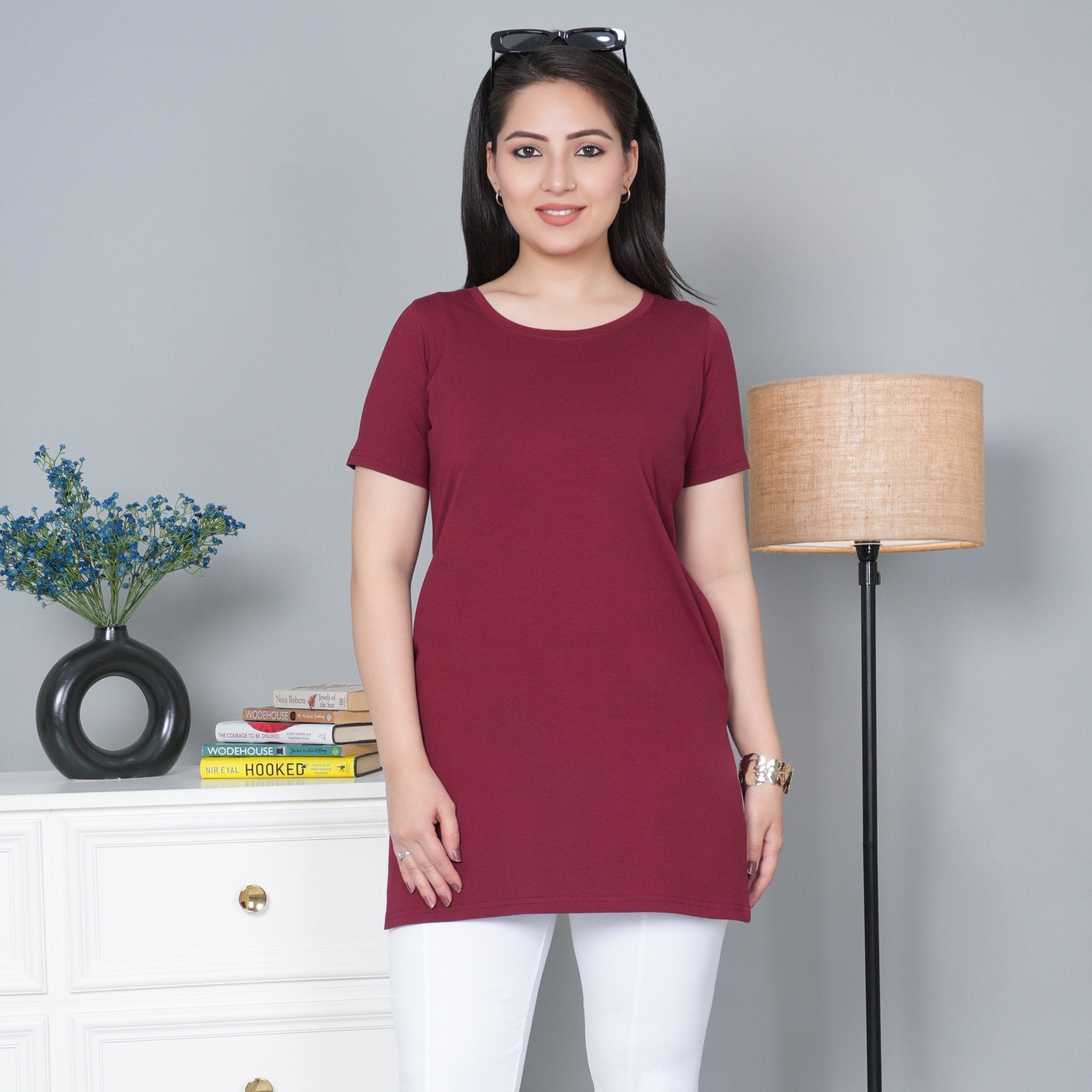 Wine long round neck cotton lycra t-shirt with pockets - Long cotton t-shirt