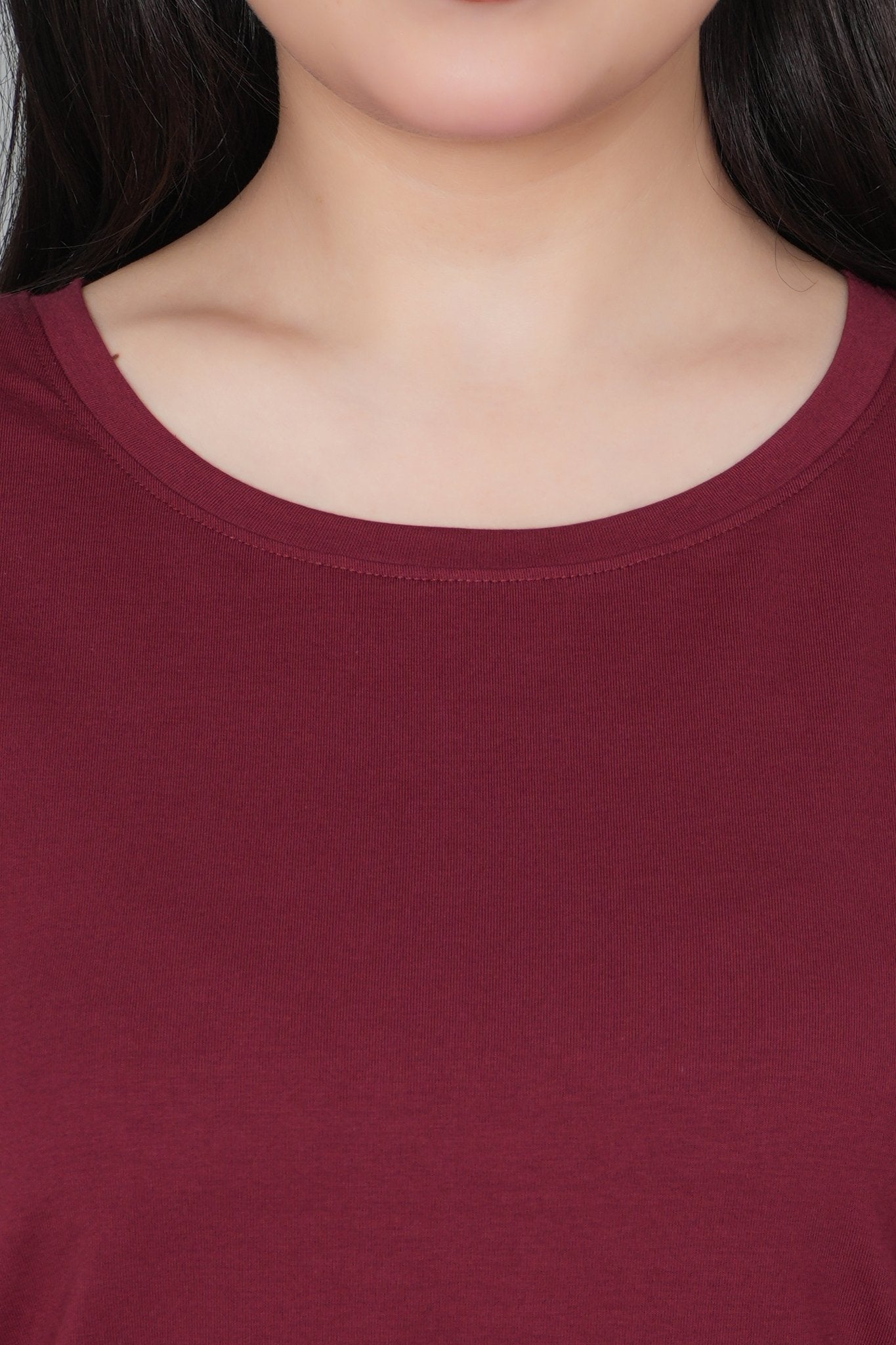 Wine long round neck cotton lycra t-shirt with pockets - Long cotton t-shirt