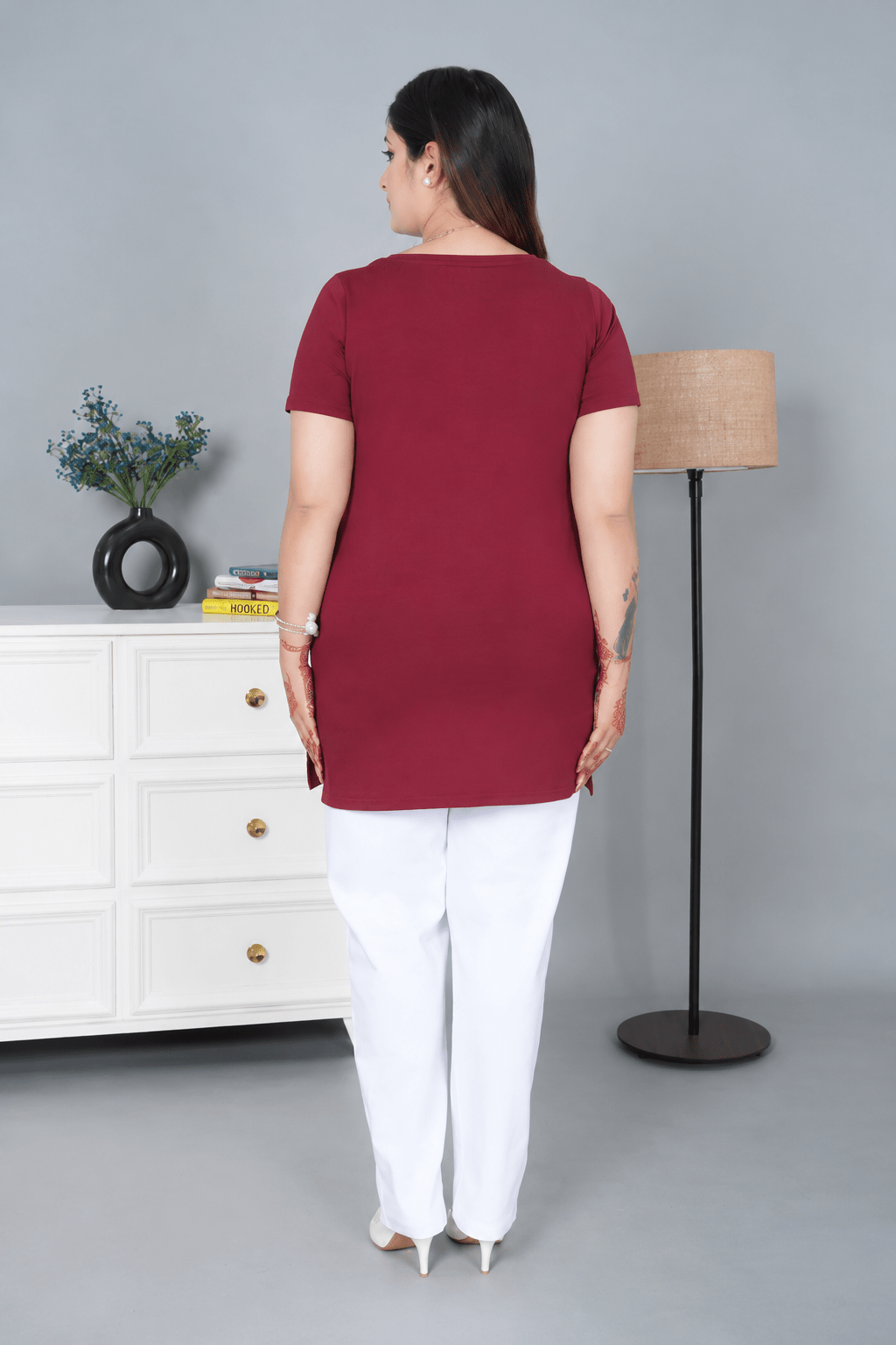 Wine long round neck cotton lycra t-shirt with pockets -Long cotton t-shirt