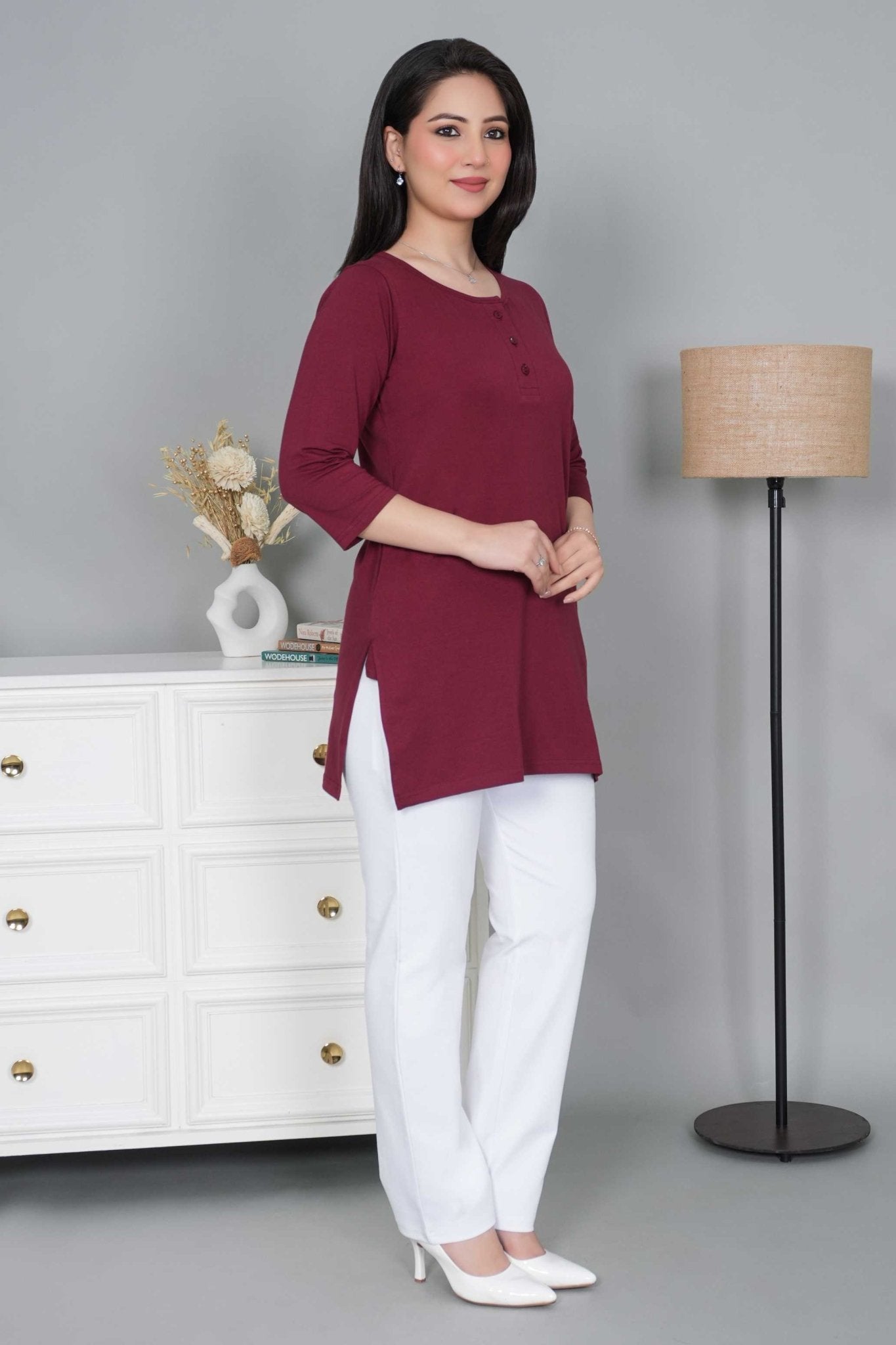 Wine long round neck henley cotton lycra t-shirt with pockets - Long cotton t-shirt