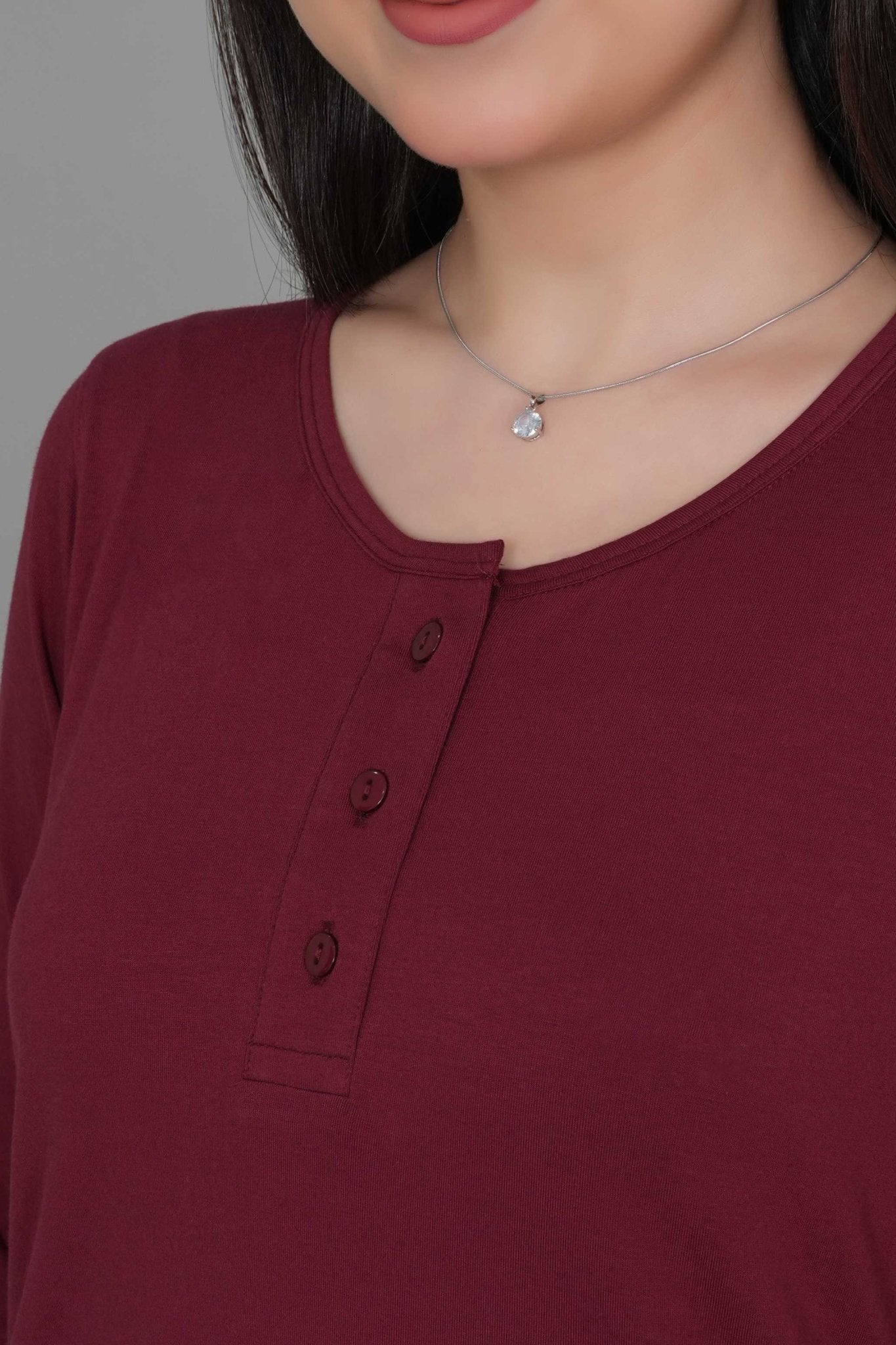 Wine long round neck henley cotton lycra t-shirt with pockets - Long cotton t-shirt