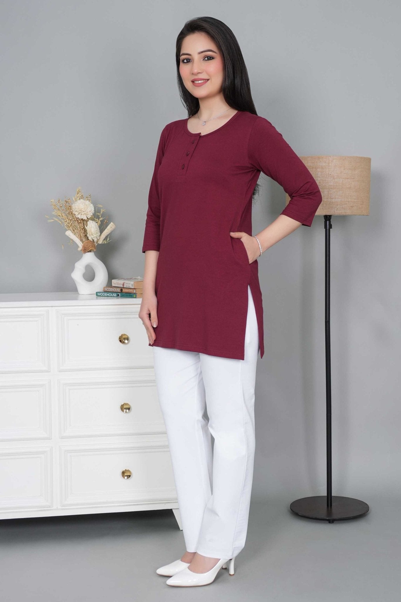 Wine long round neck henley cotton lycra t-shirt with pockets - Long cotton t-shirt