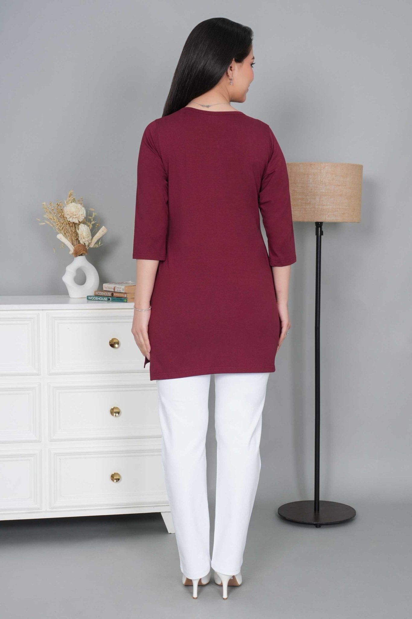 Wine long round neck henley cotton lycra t-shirt with pockets - Long cotton t-shirt