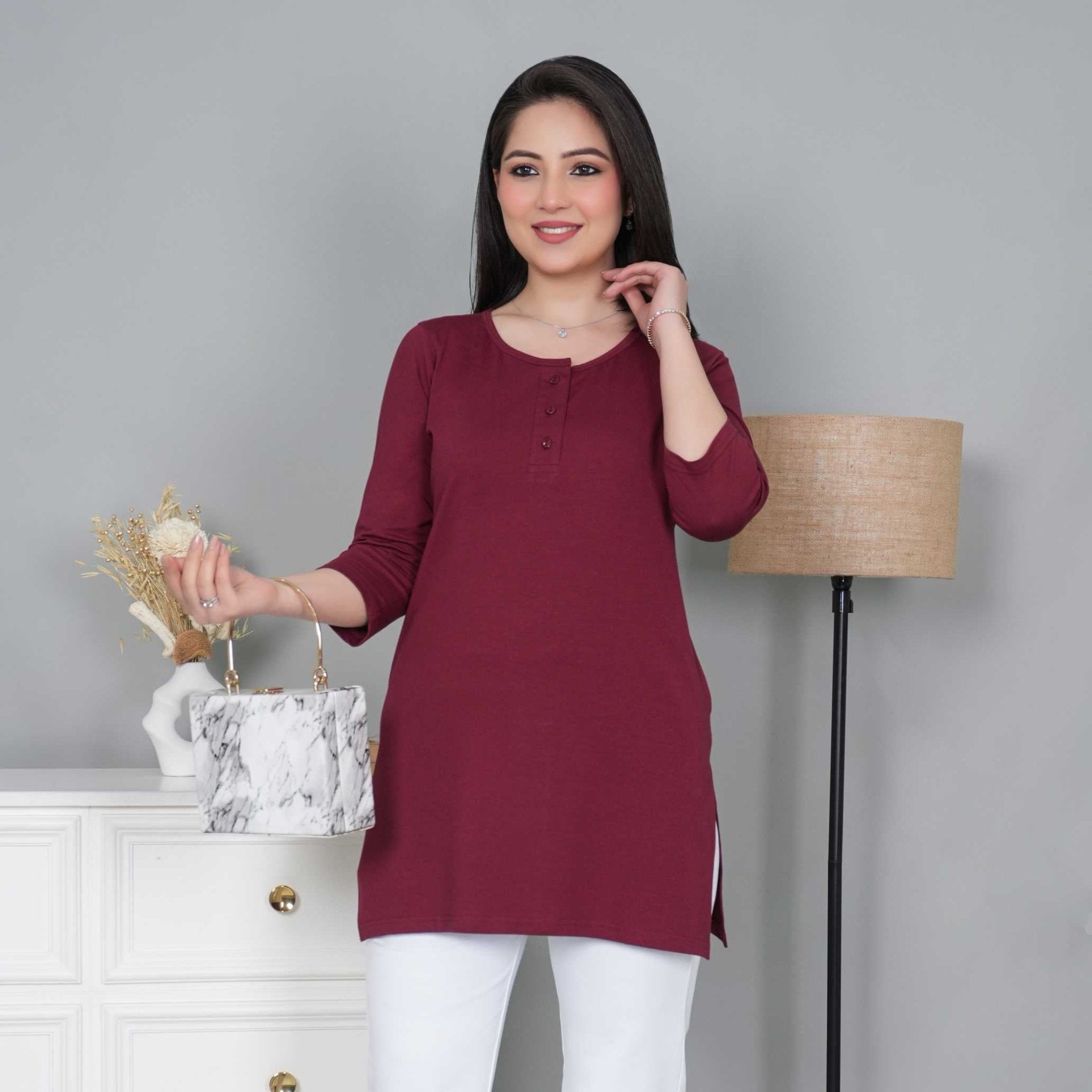 Wine long round neck henley cotton lycra t-shirt with pockets - Long cotton t-shirt