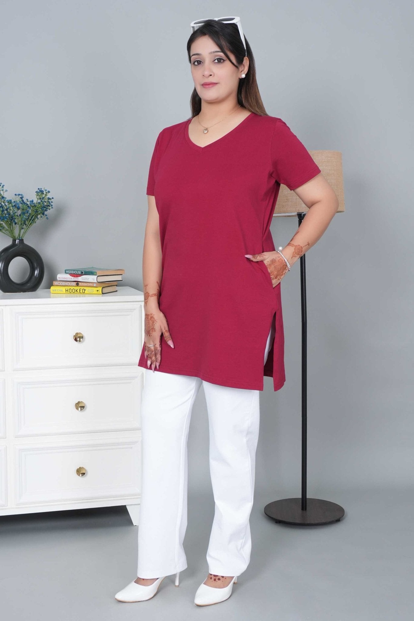 Wine long v neck cotton lycra t-shirt with pockets - Long cotton t-shirt