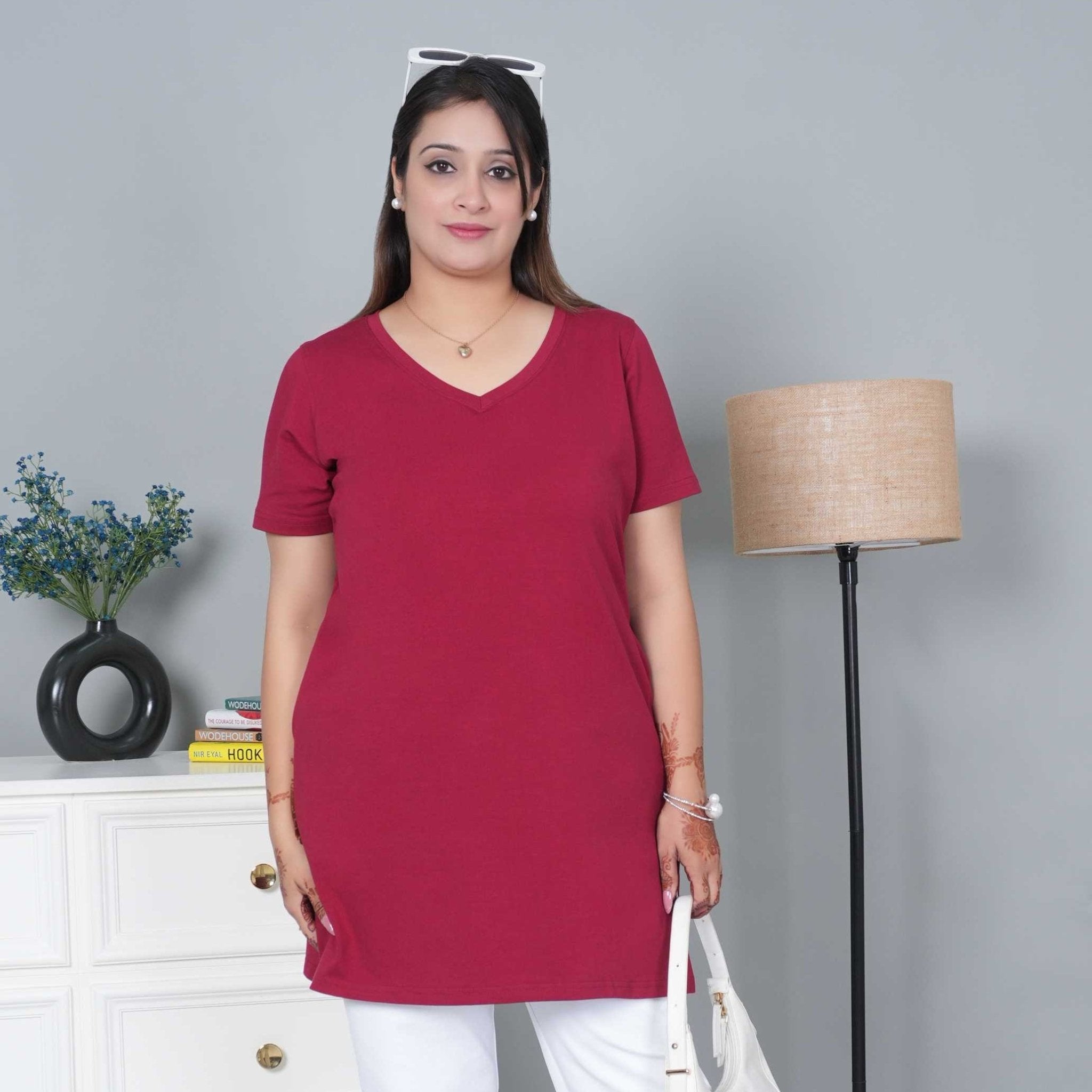 Wine long v neck cotton lycra t-shirt with pockets - Long cotton t-shirt