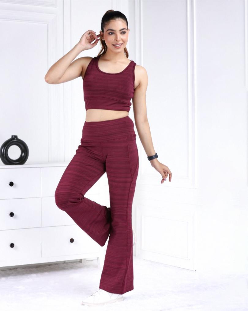 Wine Melange Active Flare Pants - Active melange flare pants