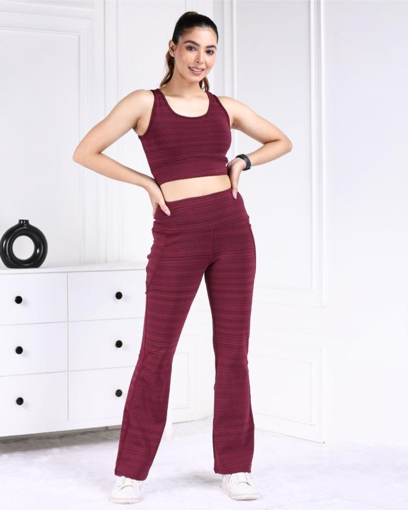 Wine Melange Active Flare Pants - Active melange flare pants