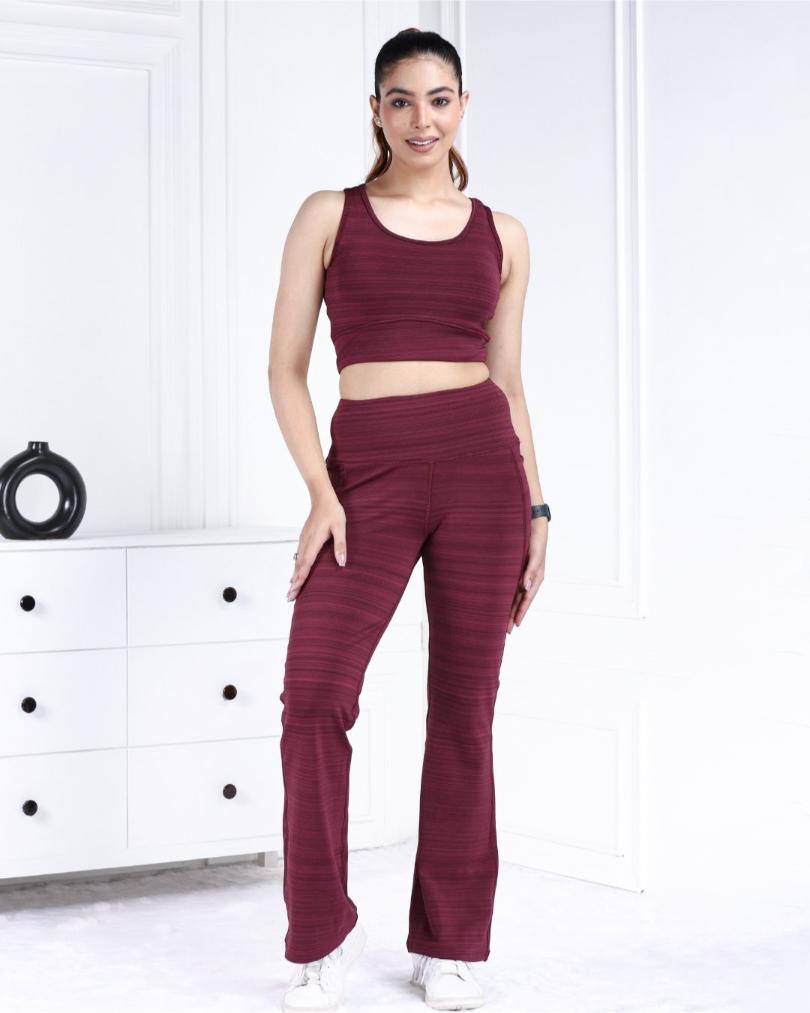 Wine Melange Active Flare Pants - Active melange flare pants