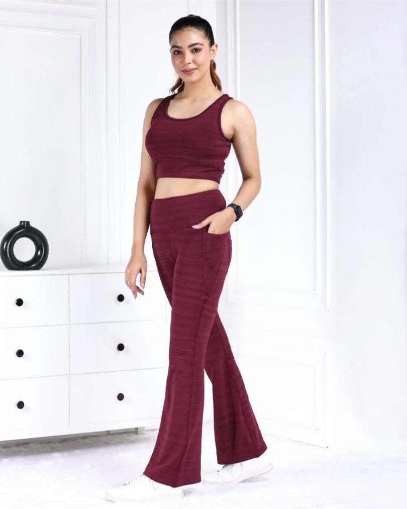 Wine Melange Active Flare Pants - Active melange flare pants