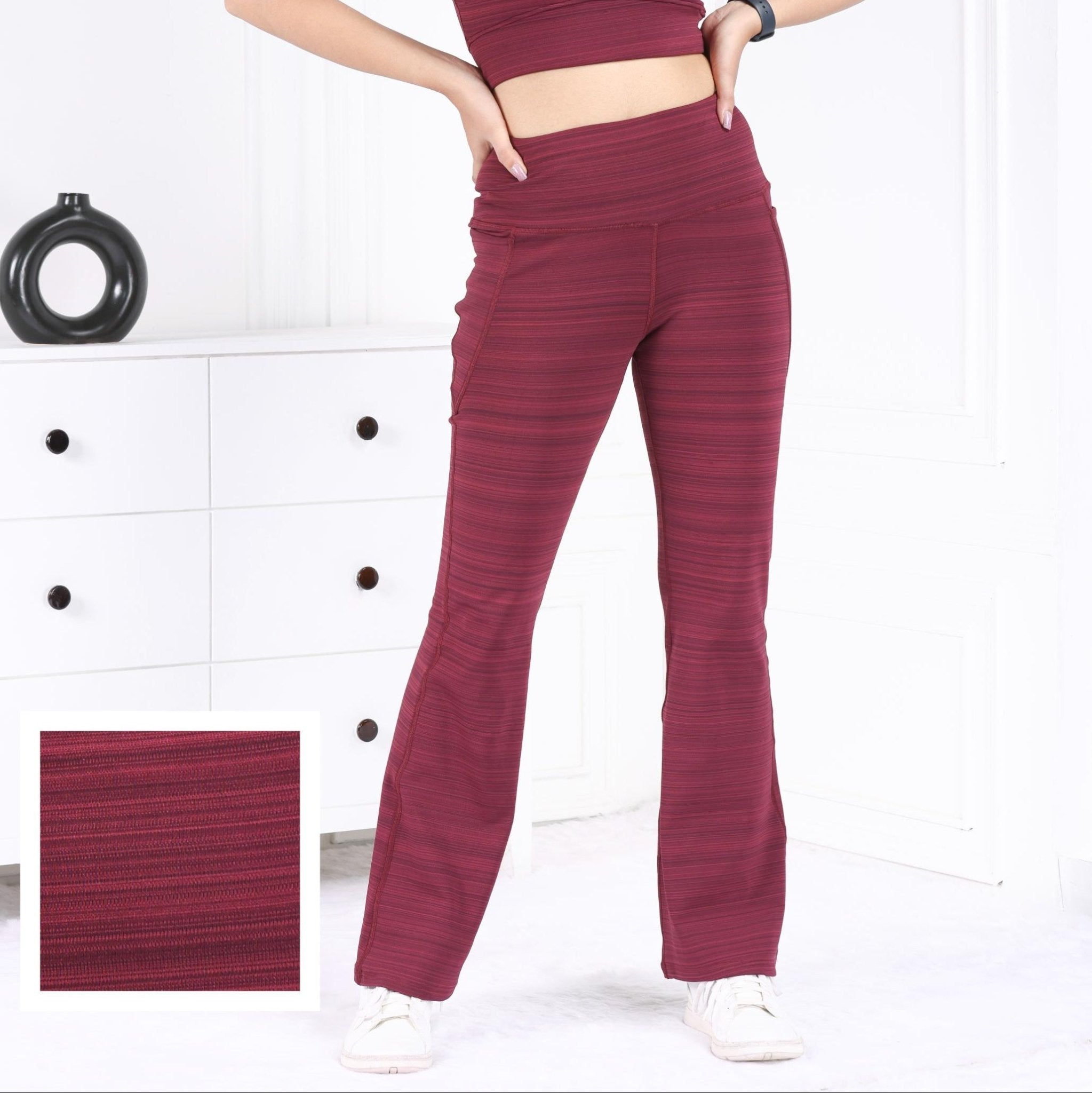 Wine Melange Active Flare Pants - Active melange flare pants