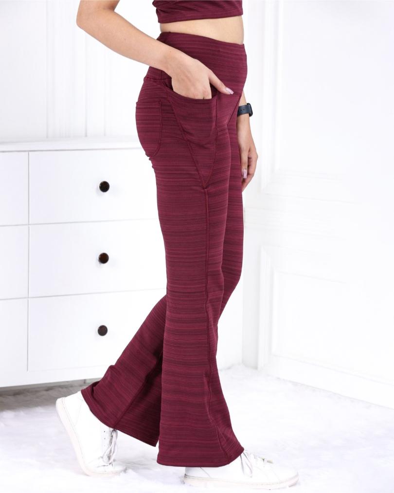 Wine Melange Active Flare Pants - Active melange flare pants