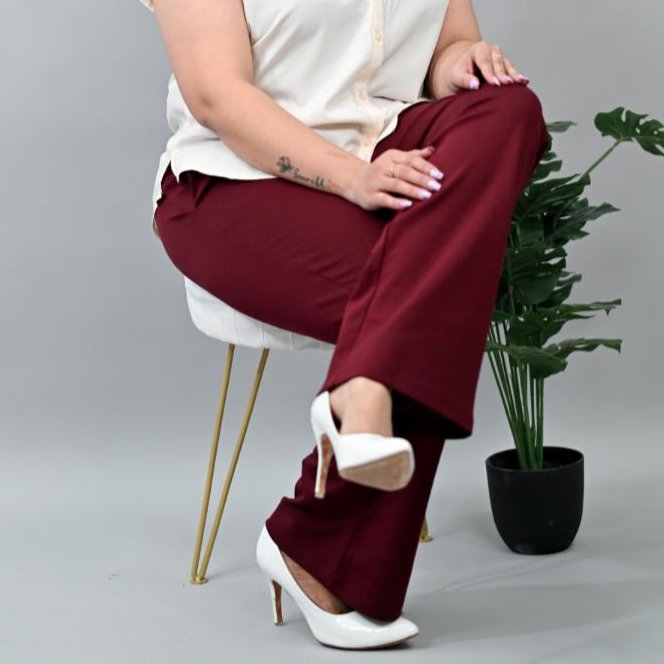 Wine plus size stretchable biowash USA HQ cotton bootcut flare pants with superior elastic belt. - Milano plus size bootcut flare pants