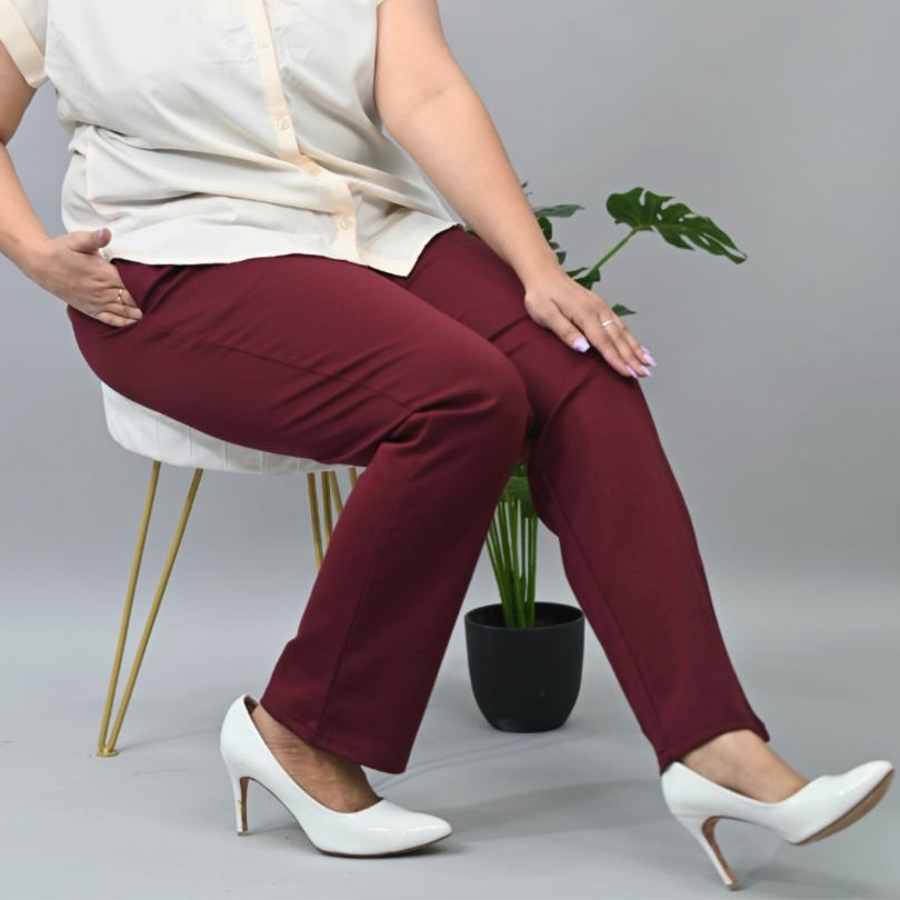 Wine plus size stretchable biowash USA HQ cotton cigarette pencil pants with superior elastic belt. [Straight fit] - Milano plus size cigarette pencil pants