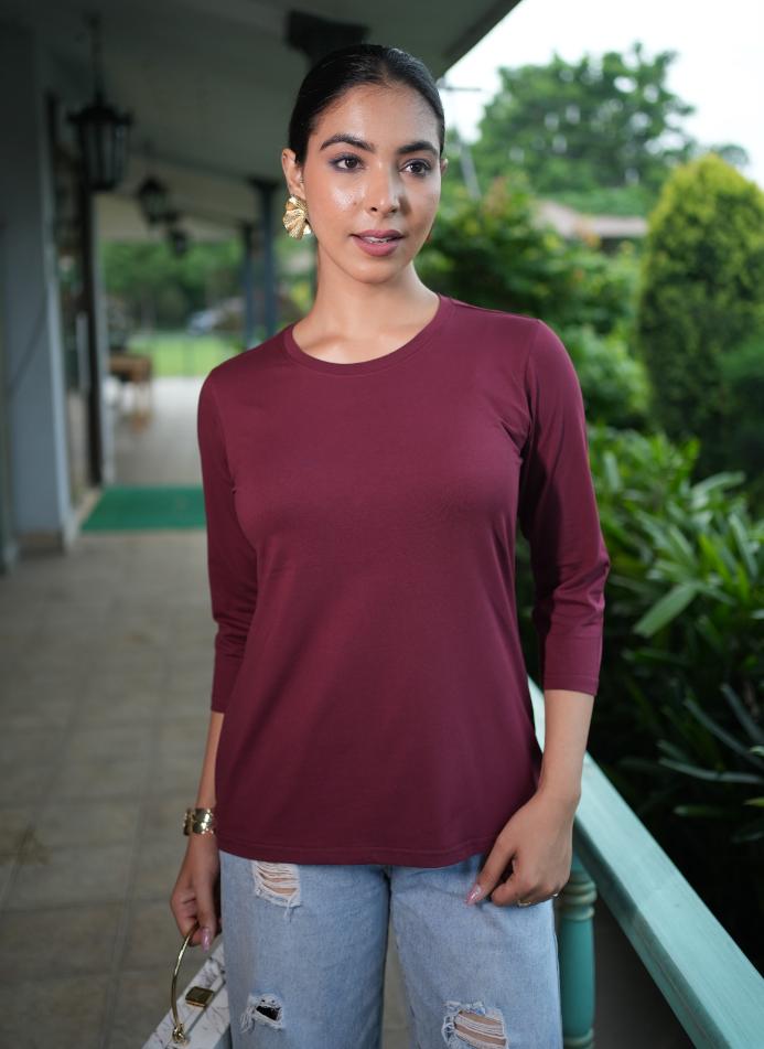 Wine Round Neck Cotton full Sleeve T Shirt - Cotton t shirt