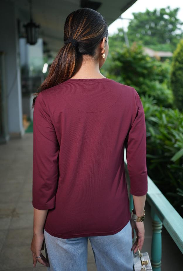 Wine Round Neck Cotton full Sleeve T Shirt - Cotton t shirt