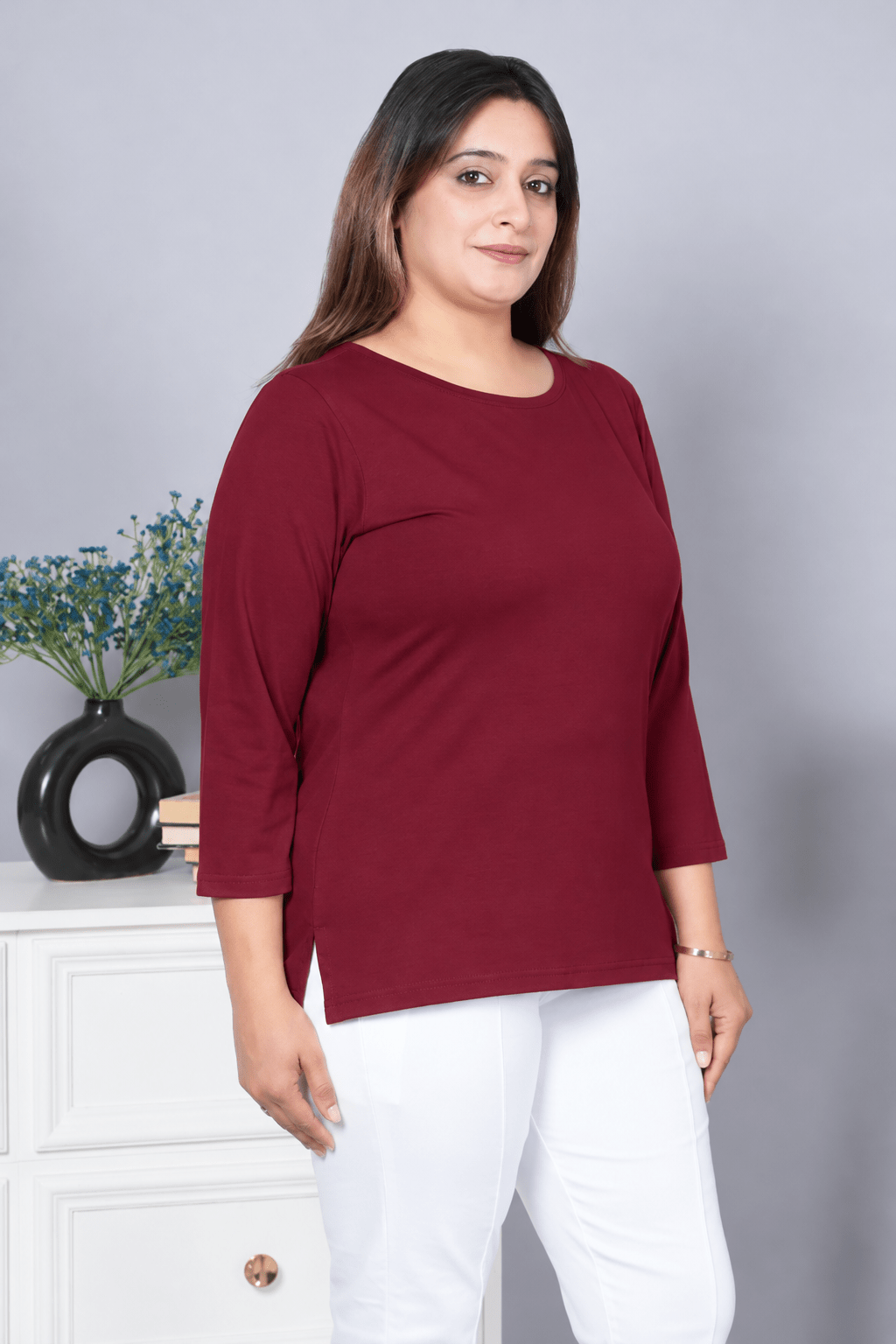 Wine Round Neck Cotton Lycra 3/4 Sleeve T Shirt -Cotton t shirt
