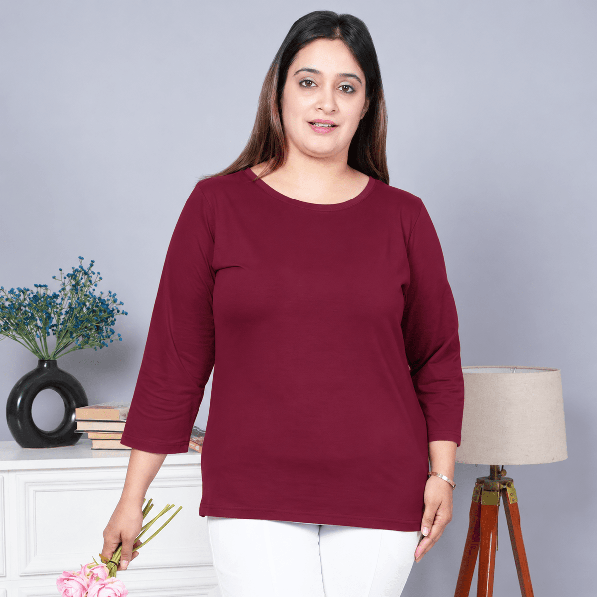 Wine Round Neck Cotton Lycra 3/4 Sleeve T Shirt -Cotton t shirt