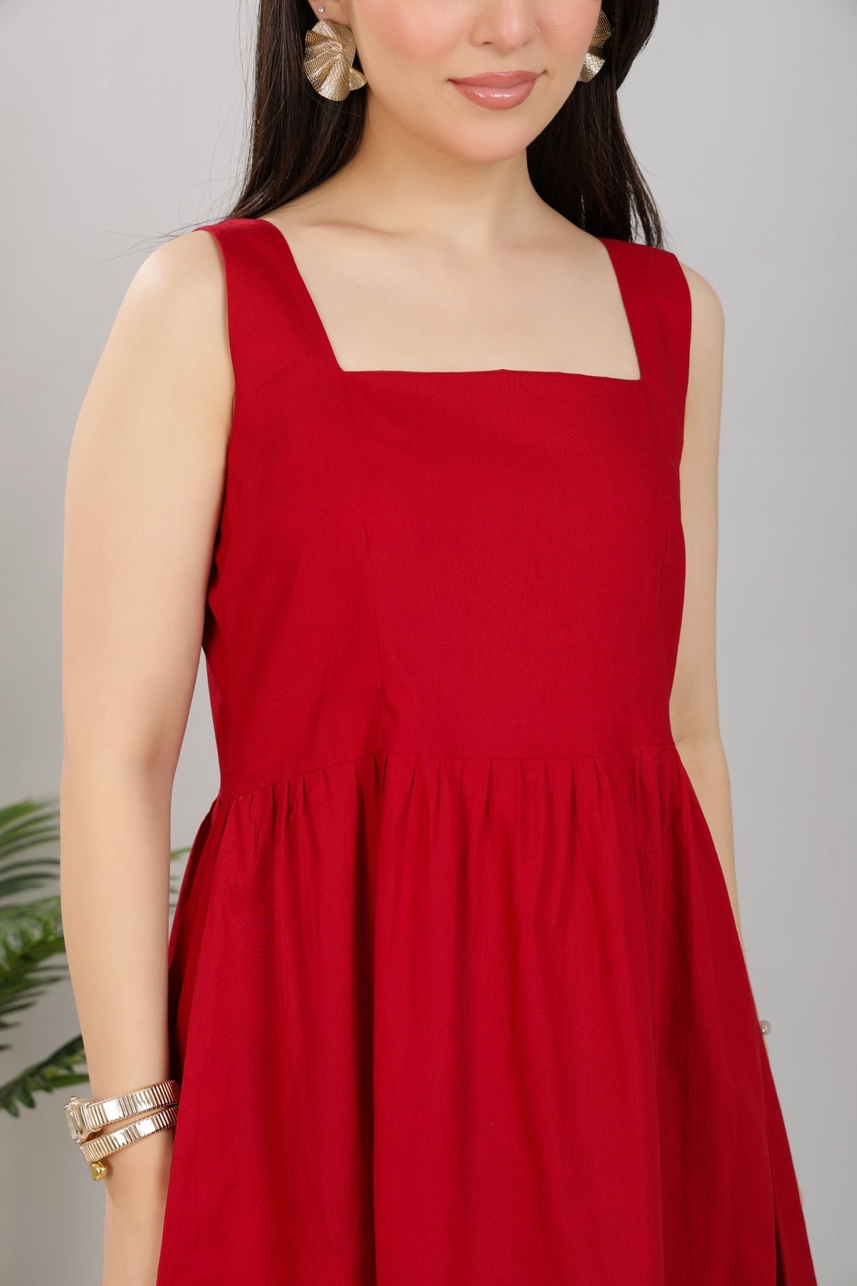 Wine square neck strap dress [100% pure cotton] -Cotton midi dress