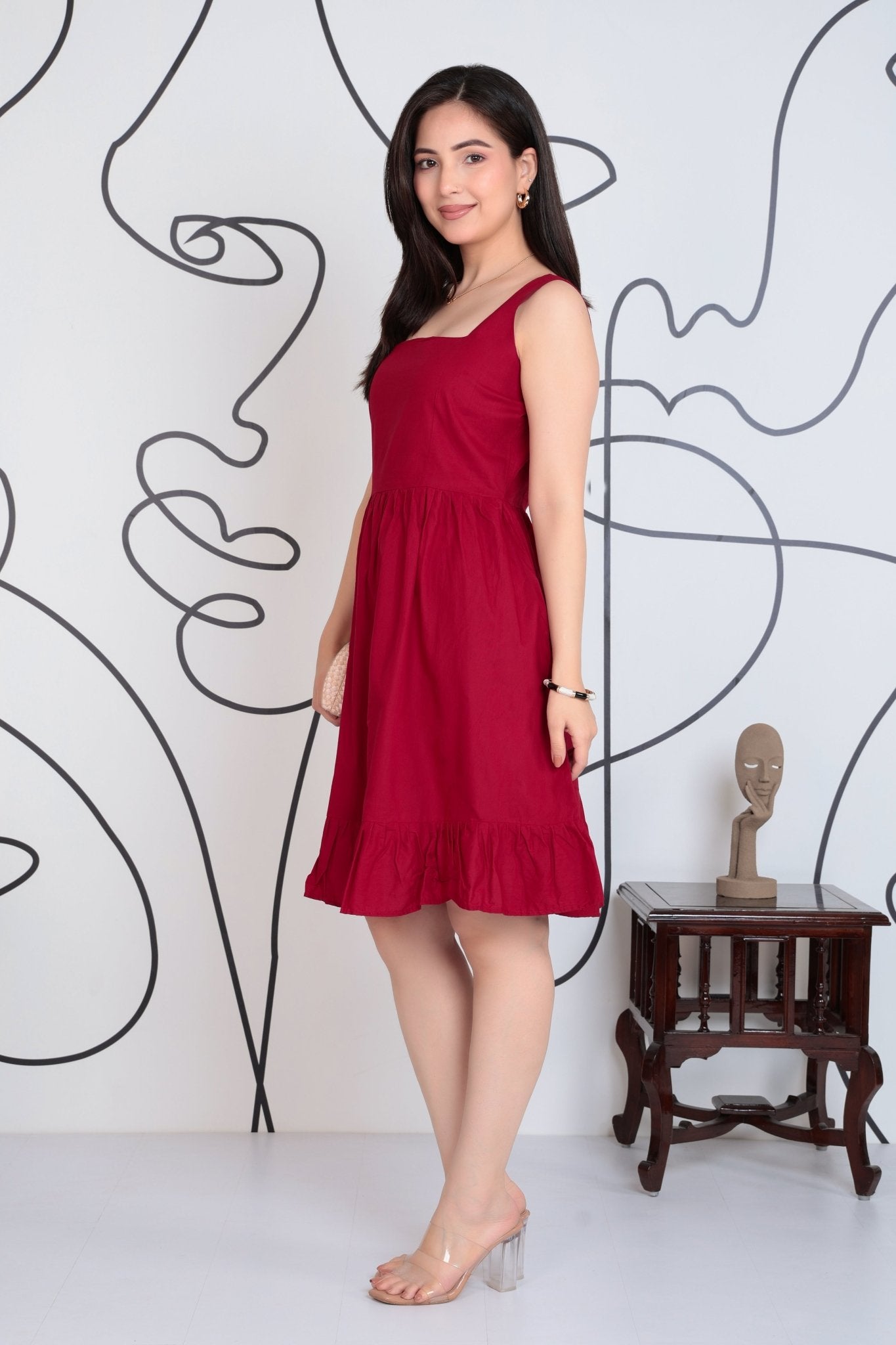 Wine square neck strap dress [100% pure cotton] -Cotton midi dress