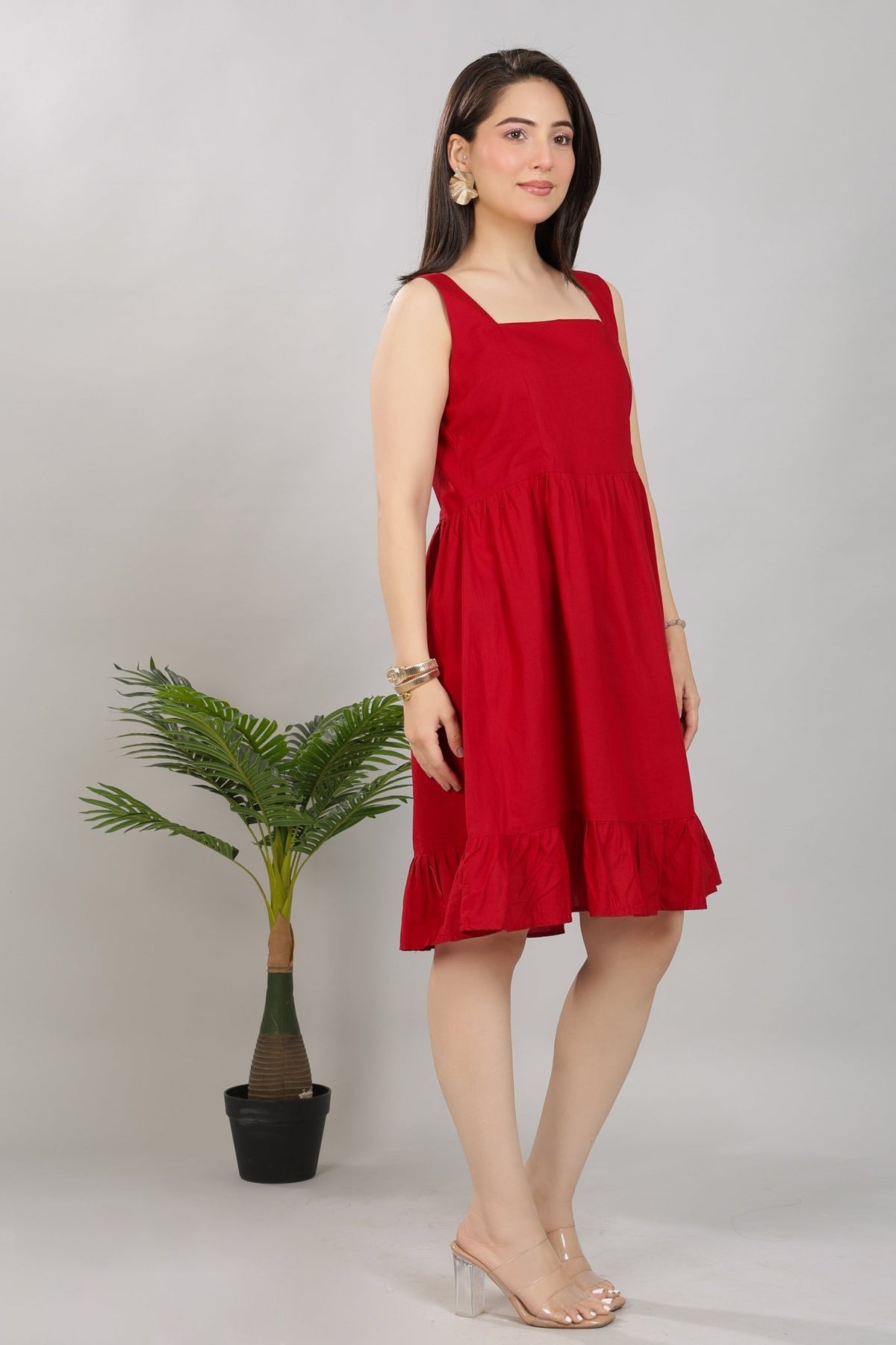 Wine square neck strap dress [100% pure cotton] -Cotton midi dress