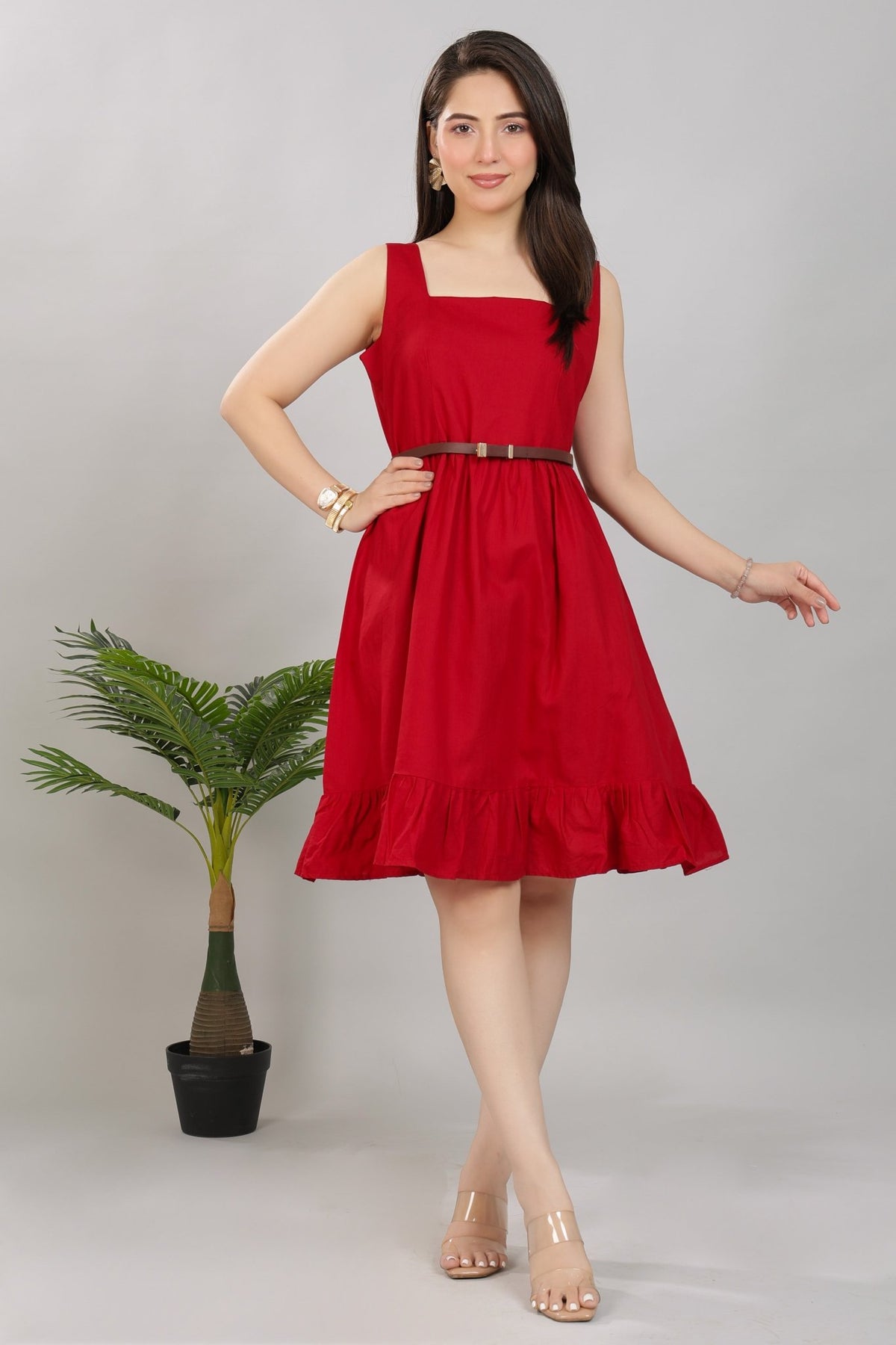 Wine square neck strap dress [100% pure cotton] -Cotton midi dress
