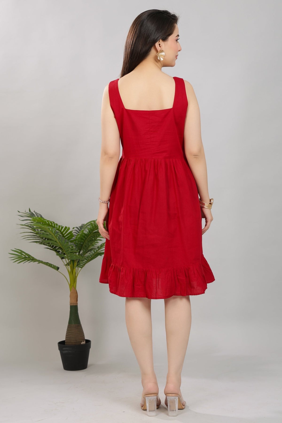 Wine square neck strap dress [100% pure cotton] -Cotton midi dress