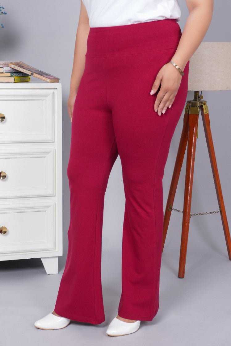 Wine stretchable biowash cotton flare pants with superior elastic belt. - Cotton flare