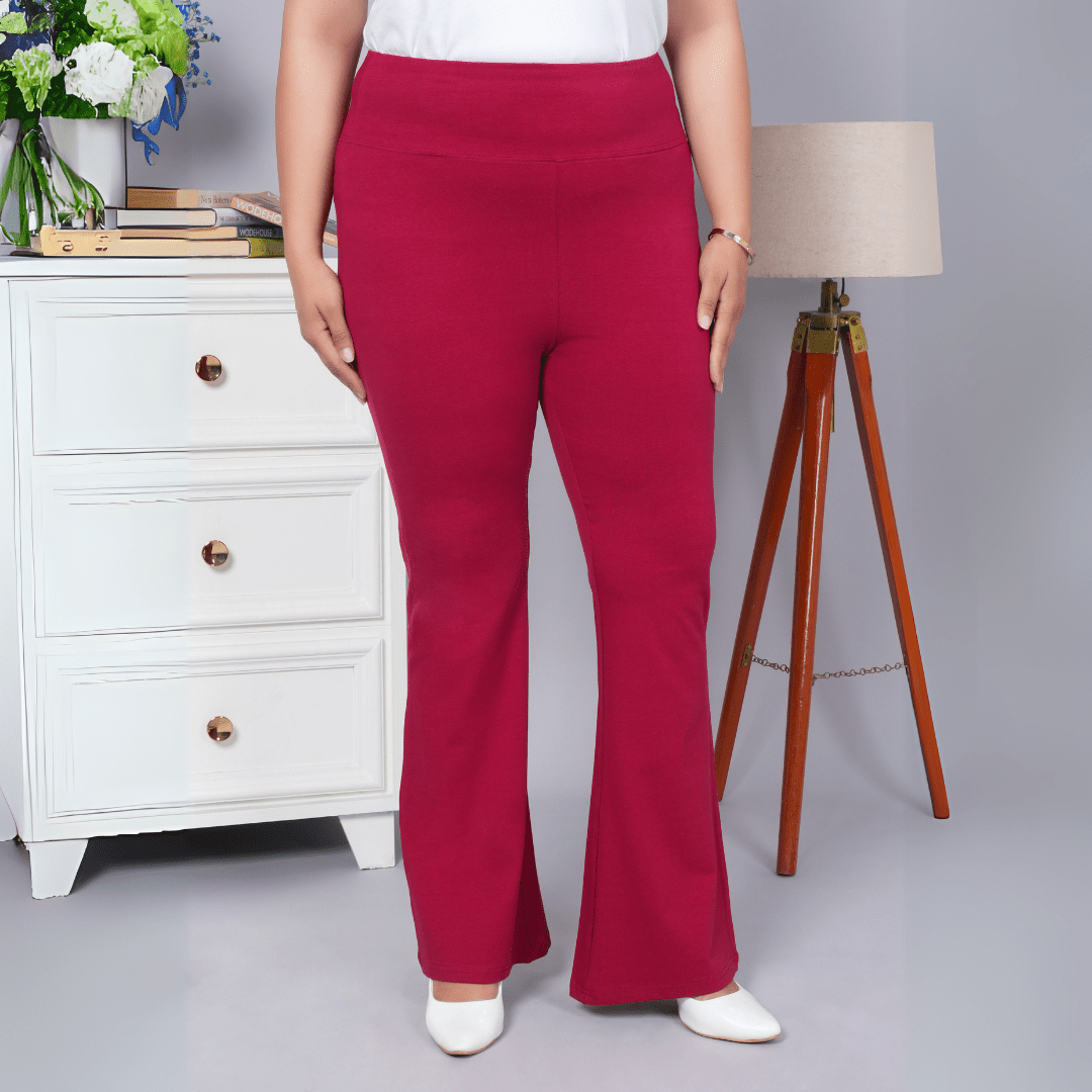 Wine stretchable biowash cotton flare pants with superior elastic belt. - Cotton flare