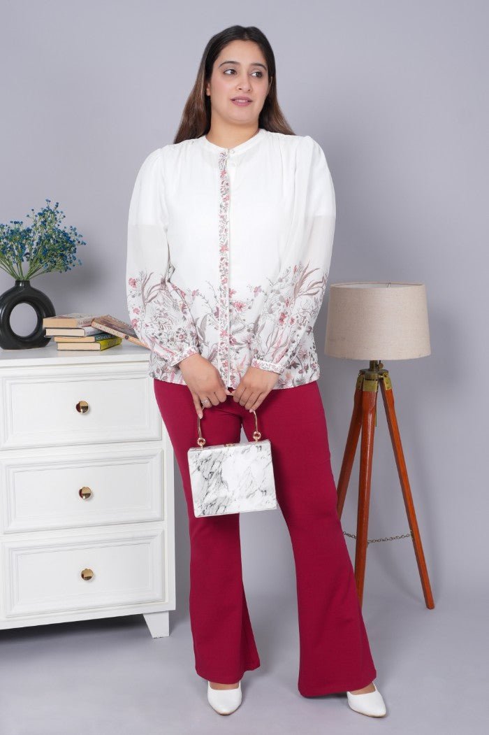 Wine stretchable biowash cotton flare pants with superior elastic belt. - Cotton flare