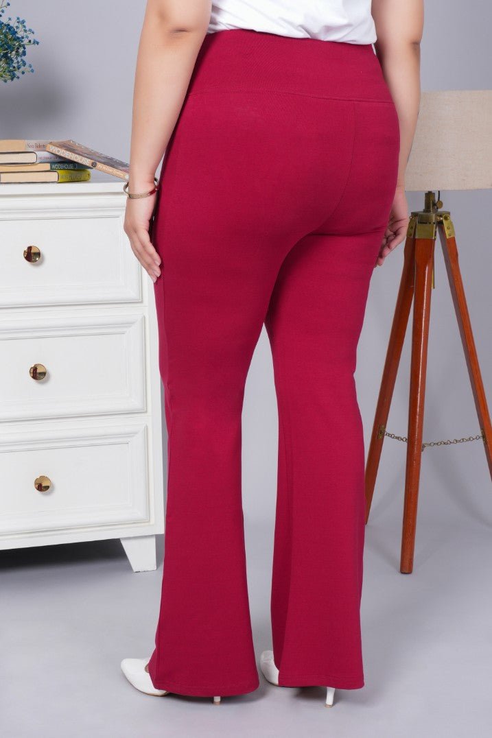 Wine stretchable biowash cotton flare pants with superior elastic belt. - Cotton flare