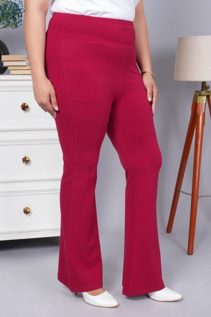 Wine stretchable biowash cotton flare pants with superior elastic belt. - Cotton flare