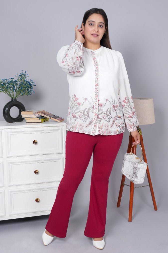 Wine stretchable biowash cotton flare pants with superior elastic belt. - Cotton flare